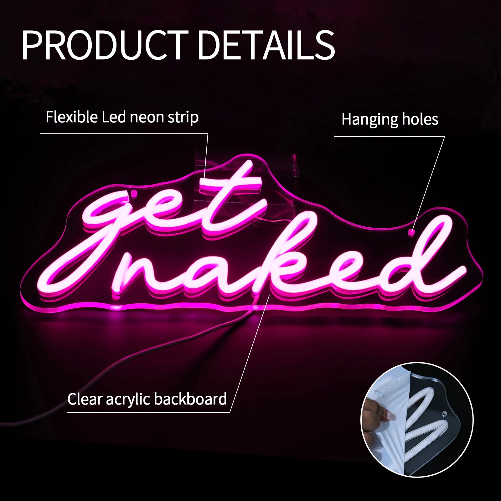 Letrero de neón con frase "Get Naked" para decoración de pared, luces LED regulables, letreros LED rosa, para decoración de dormitorio, letras, luces de neón, decoración de habitación para bar