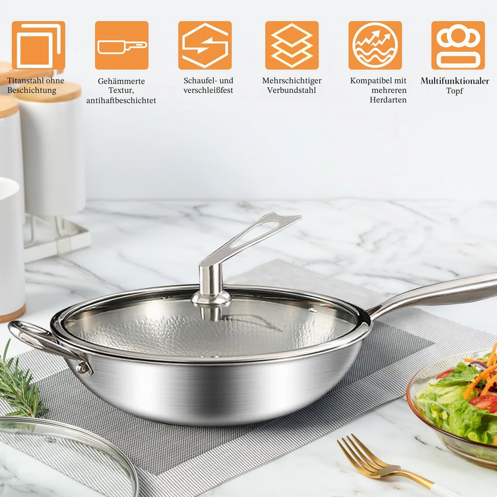 Edelstahl Wokpfanne 30 cm mit Deckel Bratpfanne,Verdickt Ultra-Haltbar Titan Bratpfanne Edelstahl Wokpfannen mit Deckel induktionsgeeignet,Backofenfest bis 400°C,Unbeschichtet
