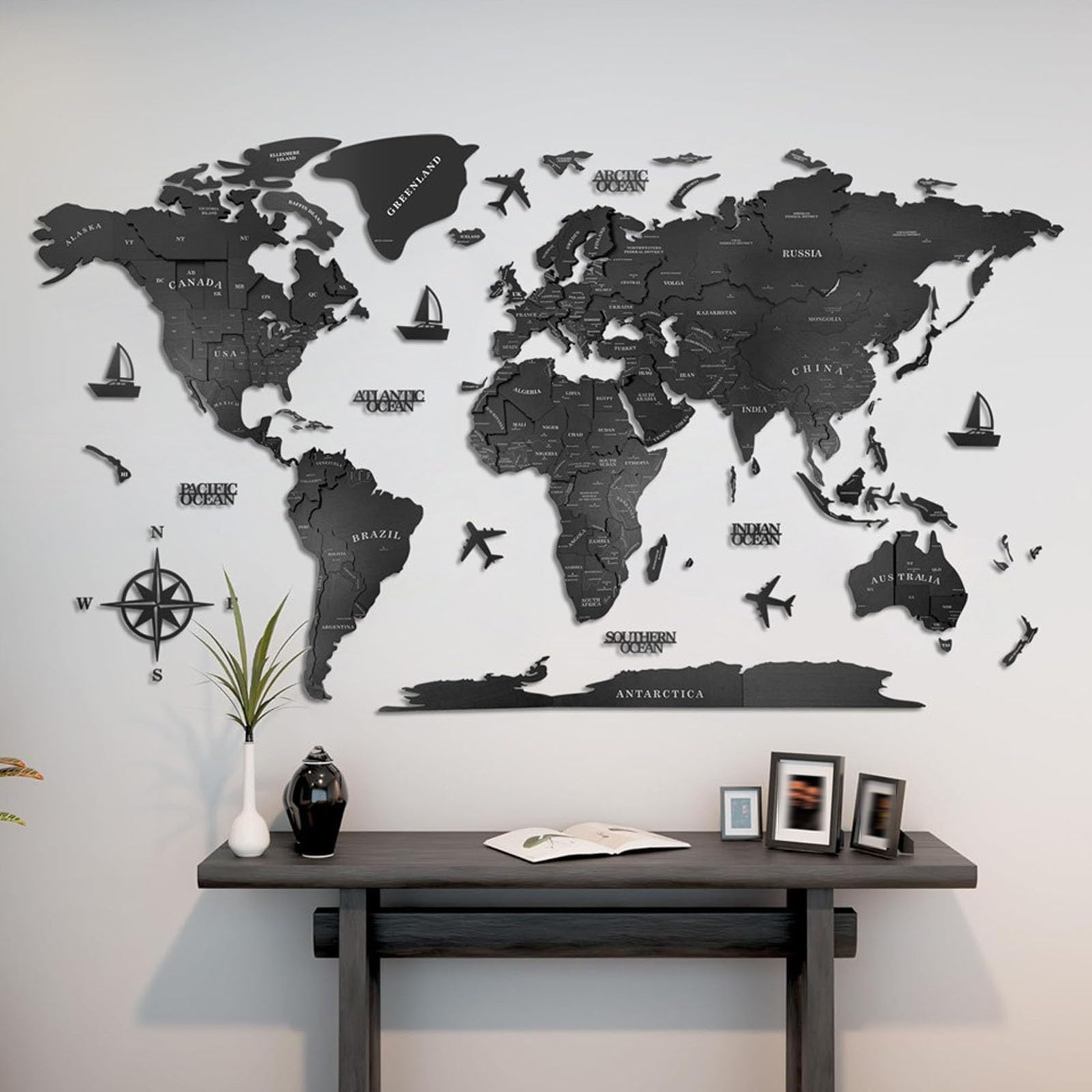 Mapa Mundi de Madera 3D Decoración de Pared, Gran Planisferio de Madera Negro para Fondo de Sofá, Arte de Pared en Relieve y Decoración Creativa para Salón y Oficina(250x142cm/98.4x55.9in)