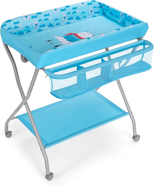 Maxmass Baby Diaper Table, Folding Infant Changing Station with 4 Wheels, Storage Shelf & Basket, Newborn Bath and Massage Organizer for 0-12 Months (Blue)