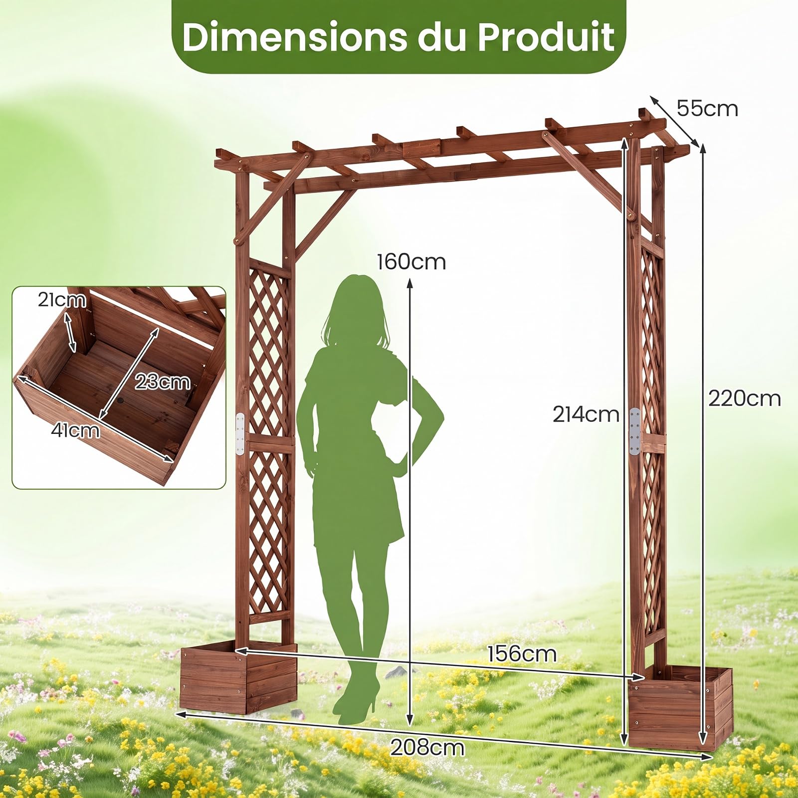 COSTWAY Arche de Jardin en Bois de Sapin, avec 2 Bacs à Fleurs | Pergola Extérieur Toit Suspensions, Treillis Latéral pour Plantes Grimpantes, Décoration Entrée Patio, 208 x 55 x 220 cm