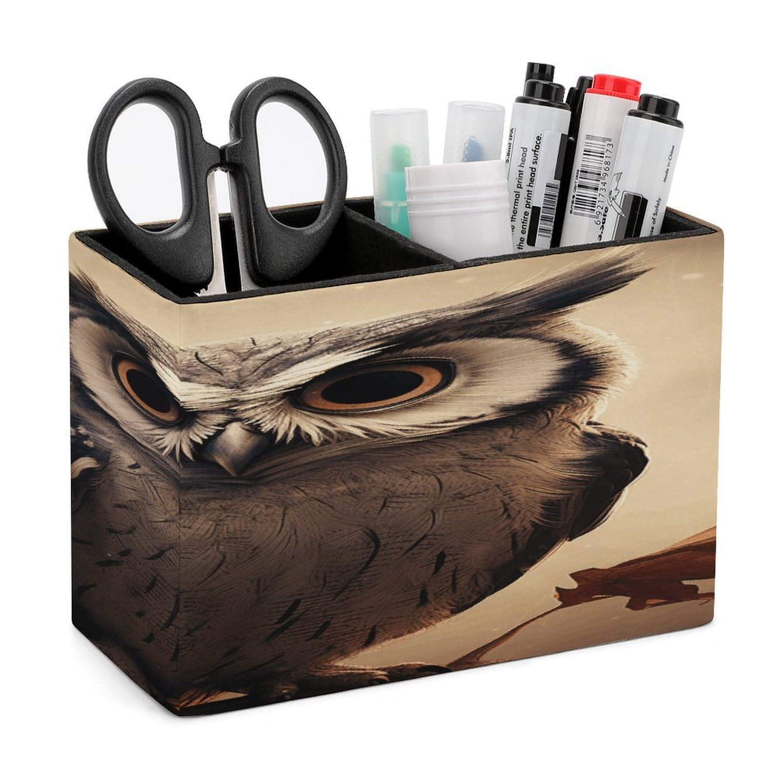 VstaDank Cute Owl Pen Holder Double Compartments Pen Cup Fashion Makeup Brush Holders Leather Pencil Holder for Work Locker Accessories Modern Pencil Cup for Desk Organizer