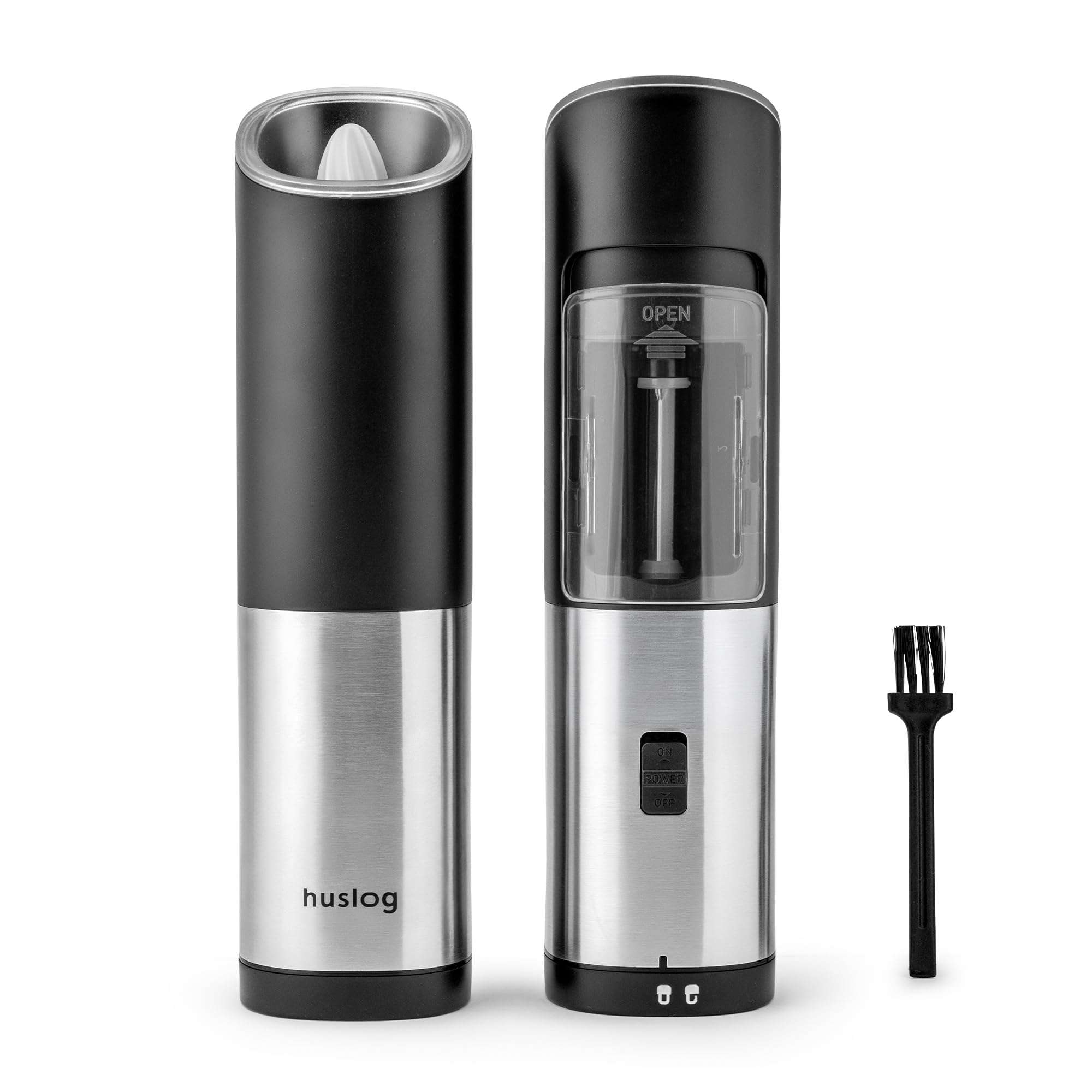 Set Macina Sale e Pepe Elettrico Gravity, Macinatura Automatica, Grossolanità Regolabile, Contenitore Spezie 85 ml, a Batteria, Uso con una Mano, Risparmio Energetico, Acciaio Inox, Argento