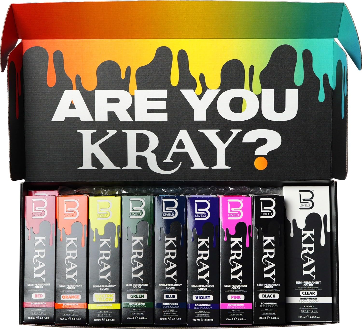 L3VEL3 Kray Zestaw Startowy Półtrwałych Kolorów do Włosów, 16 Kolorów, 100 ml, Formuła Direct Dye, z Technologią BondFusion, bez Utleniacza