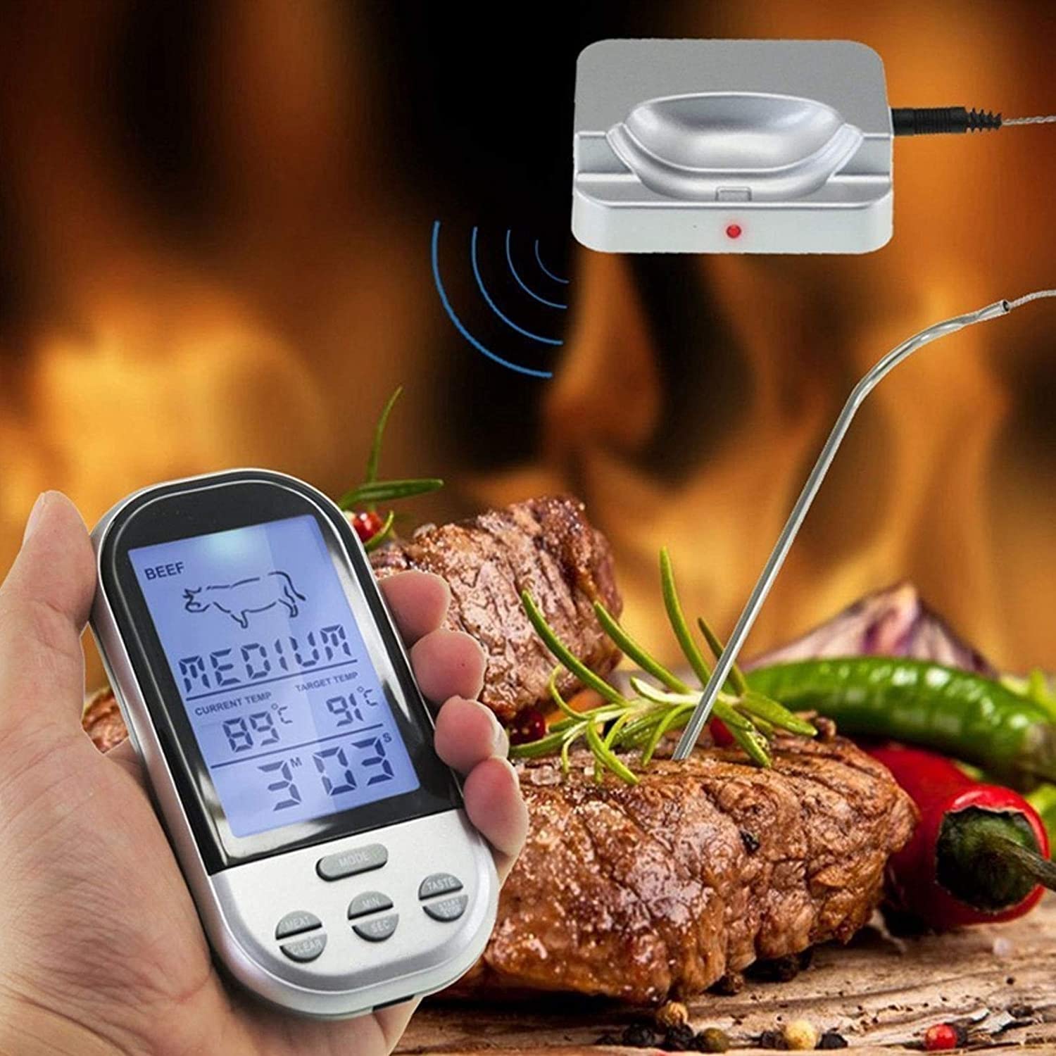 Bezprzewodowy elektroniczny cyfrowy termometr kuchenny z długą przewodową sondą, | Tryb timera, do grillowania, grillowania, gotowania w domowej kuchni