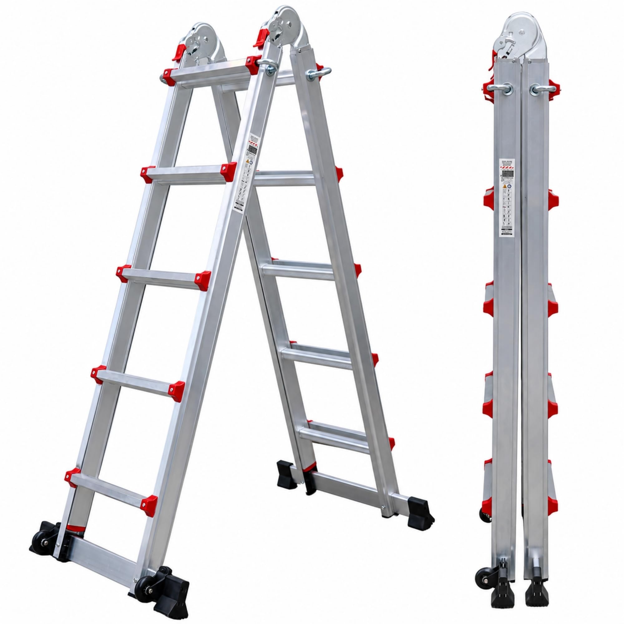 UZIRO Telescopic Folding Ladder Aluminium 4 x 5, Multi-Position Extendable 5.22 m, 5 Steps, Supports up to 150 kg, Foldable and Compact, with Stabilizer Bar and Wheels