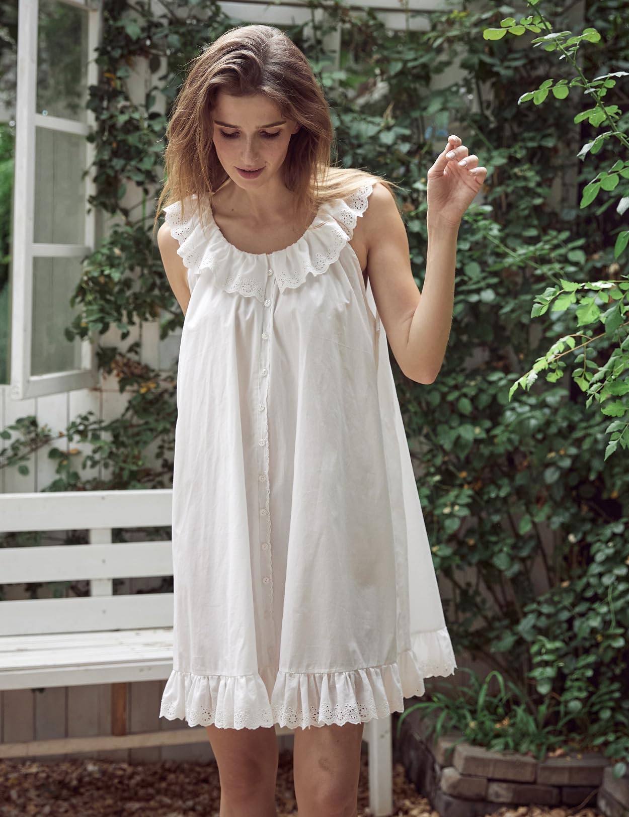 BEAUTELICATE Camicia da Notte Donna Cotone Senza Maniche Nightgown con Scollo Tondo Estiva Vittoriana Abito da Notte Avorio