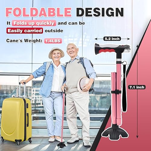 Miniatura 6 de BigAlex Bastón plegable con dos luces LED para ancianos, base sólida, bastón ajustable con bolsa de transporte para hombres y mujeres
