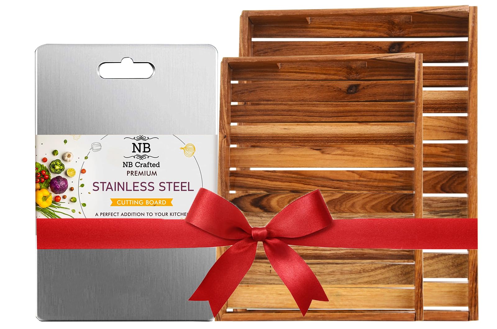 NB Crafted Stainless Steel Chopping Board with Large Size Teak Wood Tray for Kitchen - Non Slip Heavy-Duty Cutting Board for Vegetables, Fruits Rust Proof, Round Edge Easy to use Tray Combo Pack (B0DHDB4N72) Amazon Price History, Amazon Price Tracker