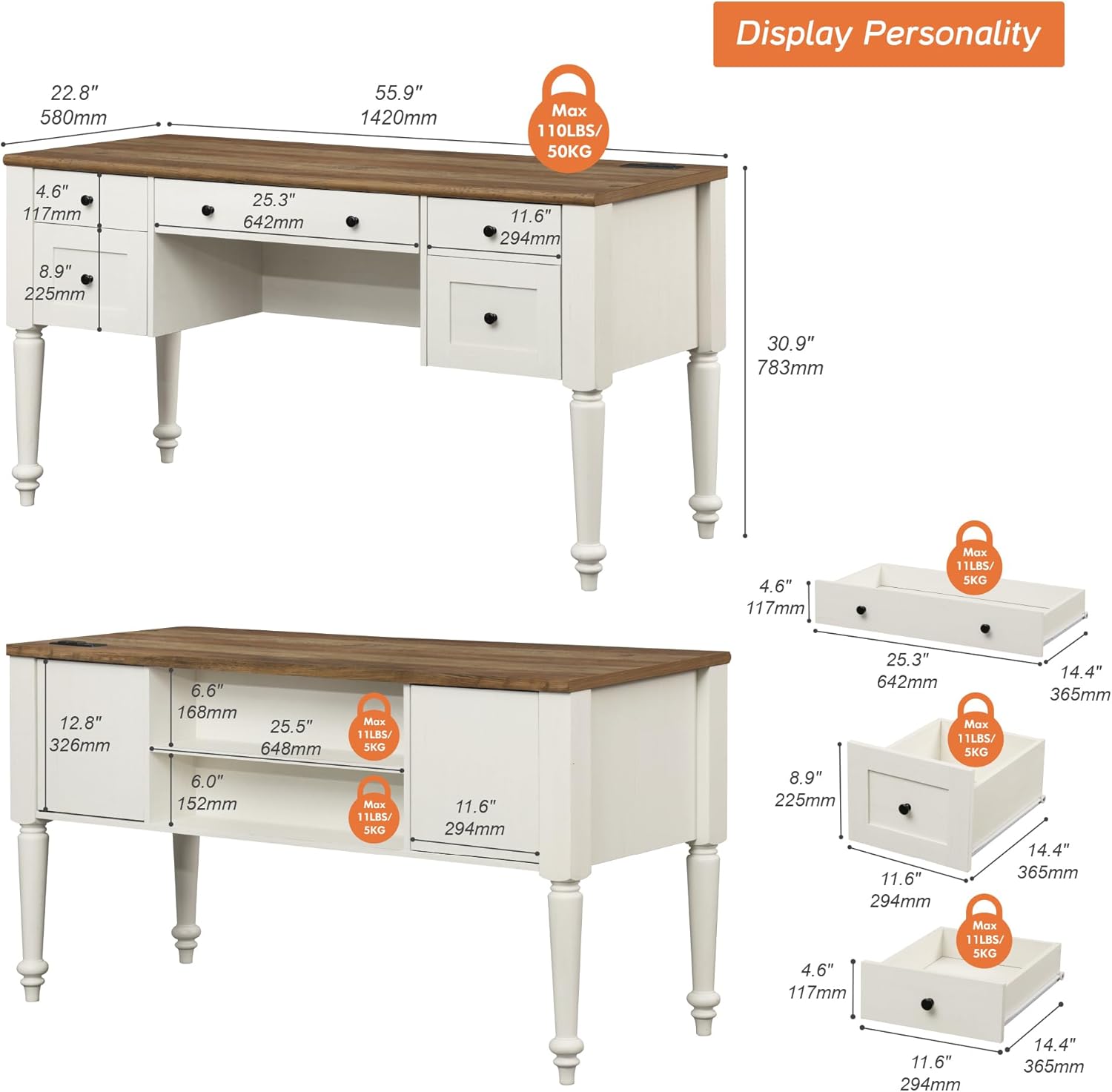 WAMAPT Executive Desk with 5 Drawers, Makeup Vanity Desk, Home Office Desk with Charging Station, Vintage Computer Desk with File Cabinet Storage, Open shelf for Working, Writing, Studying, White, 55"