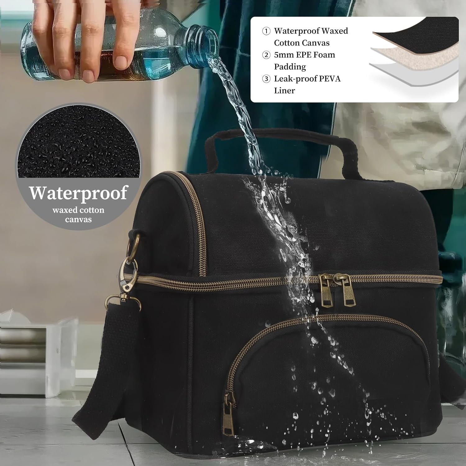 Waxed Canvas Lunch Cooler Bag for Men, Insulated Lunch Box with Two Compartment, Small Soft Cooler Lunch Bags with 2 Ice-Packs, 10.5L Leakproof Lunchbox for Work, Camping, Beach and Road Trips - Image 6