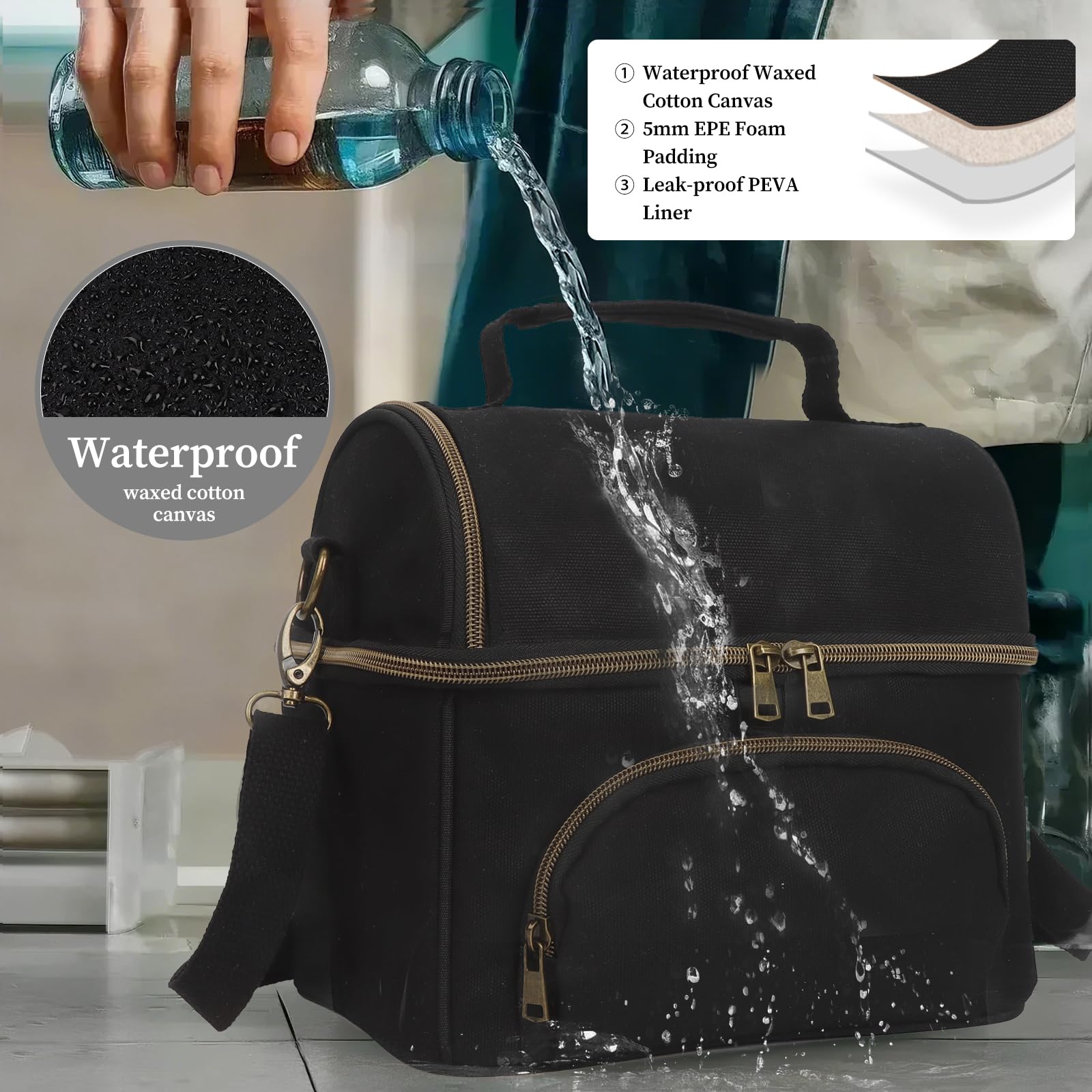 Lonchera aislada para hombre con 2 bolsas de hielo XL, bolsa de almuerzo de lona encerada resistente para hombres y mujeres, bolsa térmica grande de doble compartimento para el trabajo