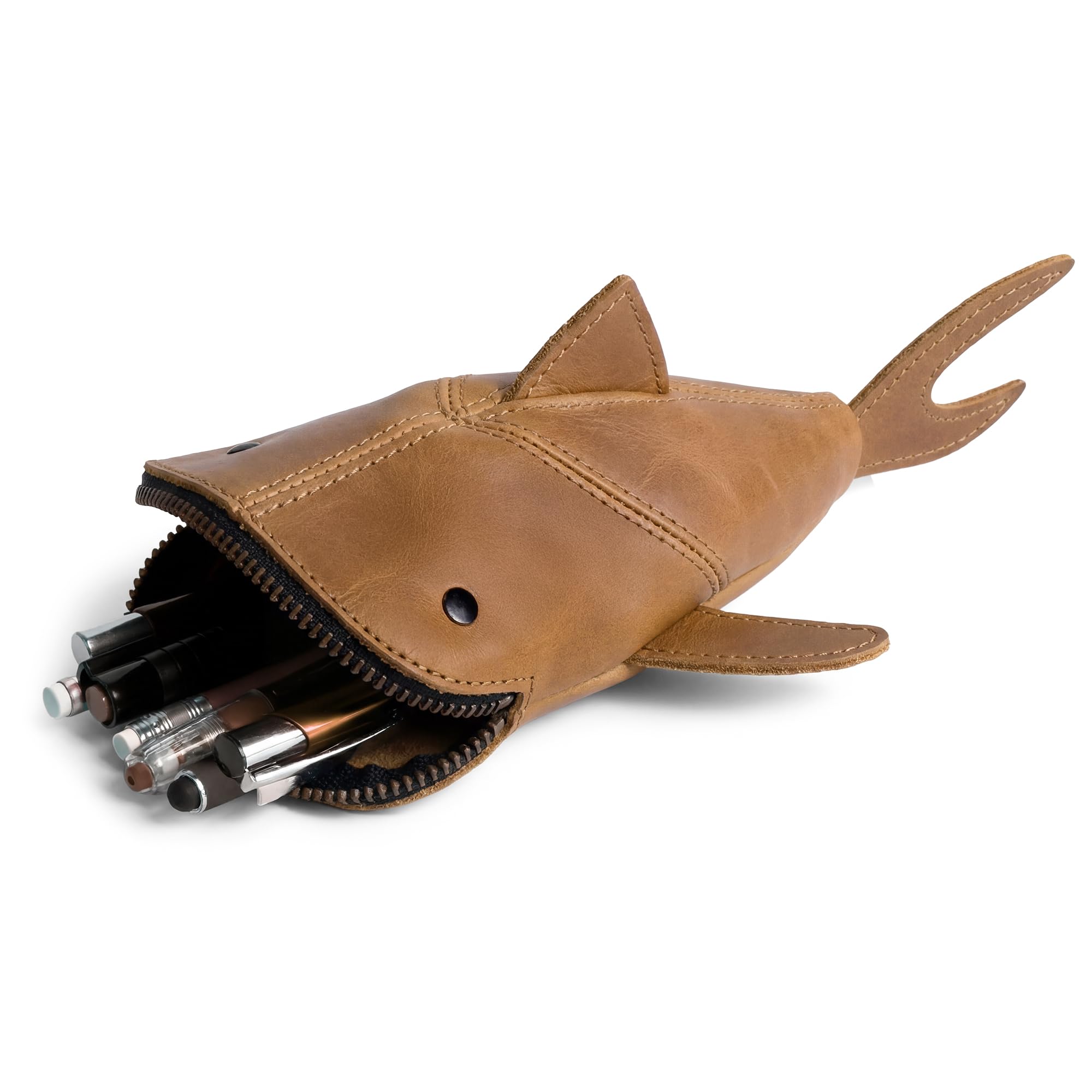 Hide &amp; Drink, Full Grain Leather Zipper Coin Pouch, Change Bag, Pencil Purse, Scissors Case, Shark Shaped Cable Holder, Wallet, Makeup, Stuffed Animal, Handmade, Single Malt Mahogany