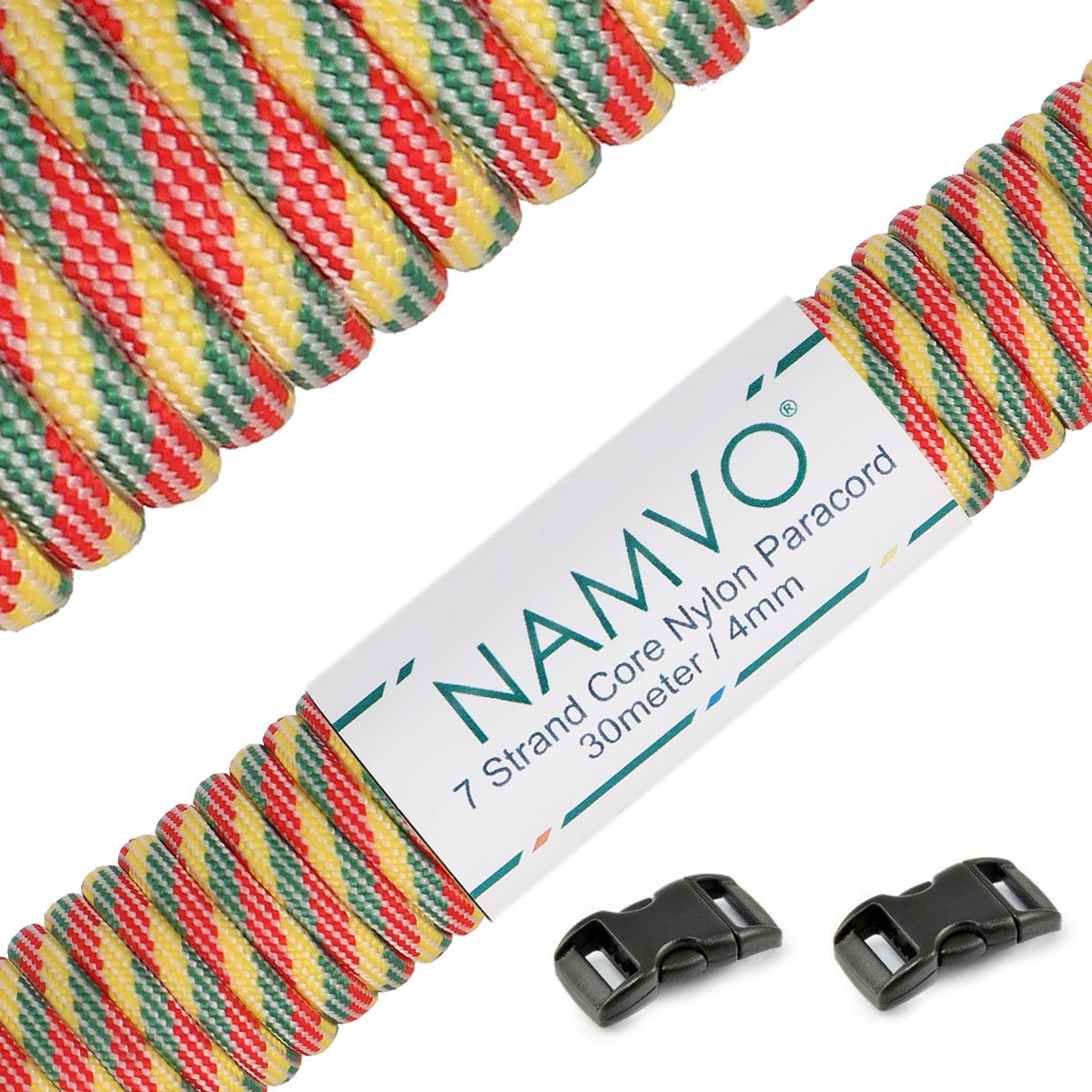 Namvo Yellow Green Red Stripes Paracord 4Mm,100Ft (31M), Paracord 550 7 Core Strand, Tear-Resistant, 100% Nylon Cord, Versatile Type Iii Mil-Spec Paracord, Holds 250Kg, Ideal For Outdoor Survival Camping-Yellow Green Red