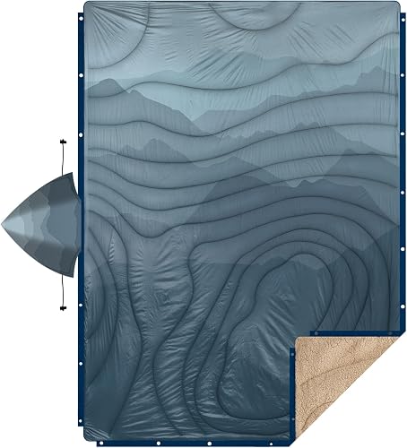 Outdoor Camping Blanket with Sherpa Lining, Extra Warm Thick Camp Blankets and Puffy Ultralight Soft Poncho DWR Camping Quilt for Cold Weather, Adventure, Sleeping, Backpacking 78"x 56"