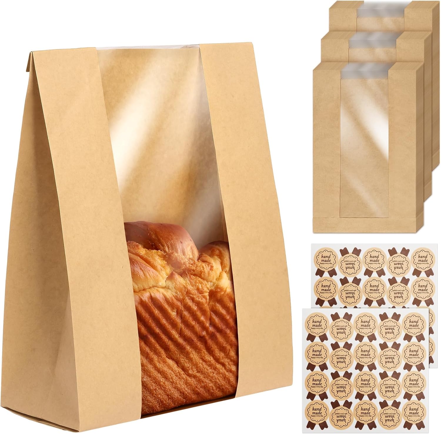 Large Paper Bread Bags for Homemade Bread Sourdough Bread Bags Large Paper Bakery Bag with Window for Baked Food Packaging Storage,Label Seal Sticker Included Pack of 30(13.7x8.2x3.19 inch) Brown