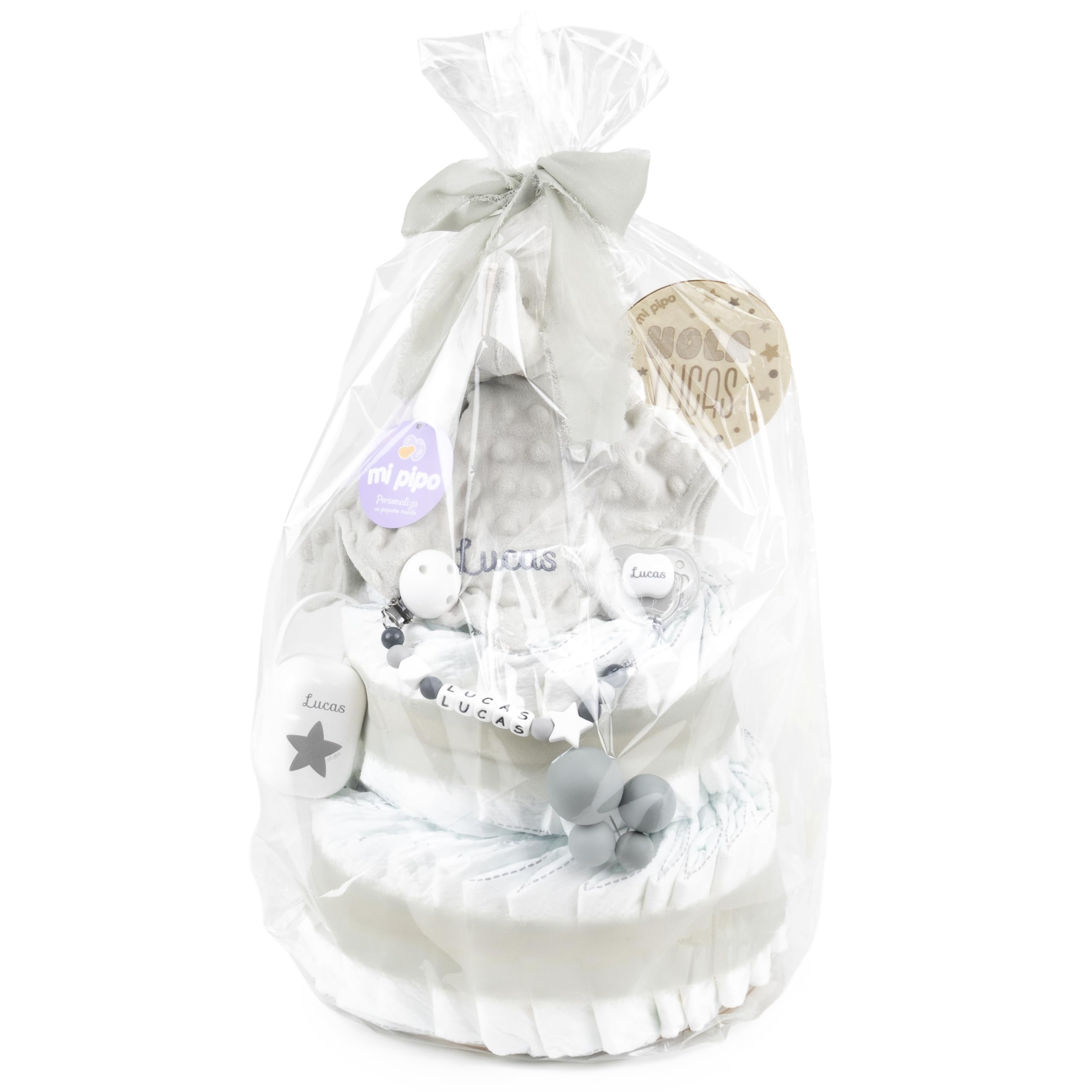 Tarta de Pañales Personalizada con Dou Dou - Elefante Gris | con 44 Pañales Talla 2 | Regalo Bebé Recién Nacido con Accesorios para el Bebé | Baby Shower Unisex