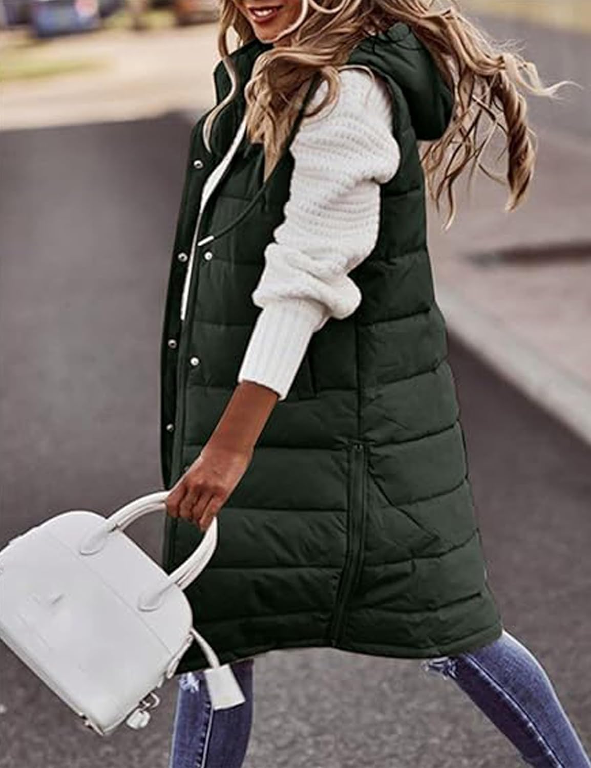 Womens Long Hooded Quilted Puffer Vest Zip Up Sleeveless Hoodie Quilted Vest Jacket Winter Warm Coat