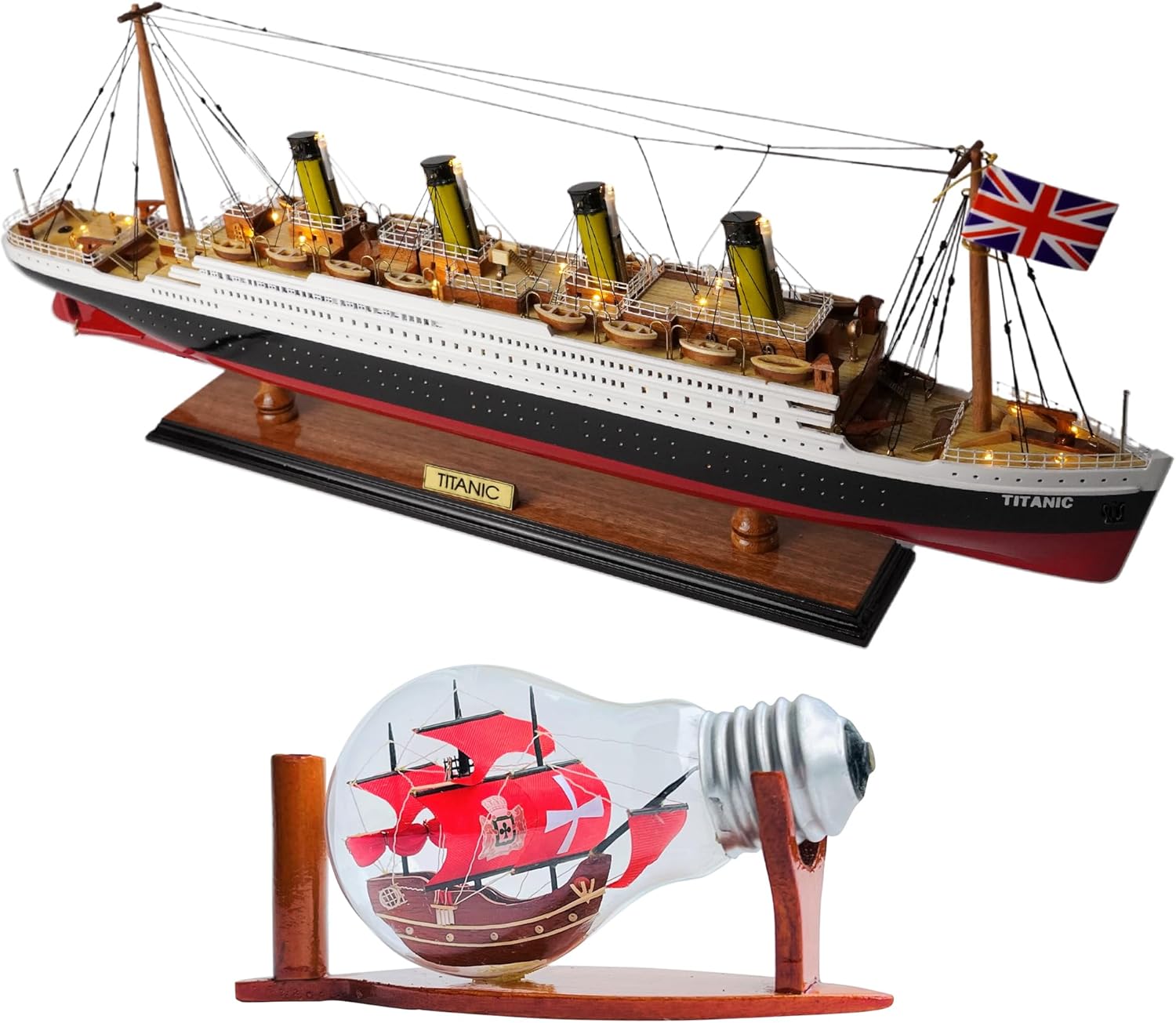 RMS Titanic Wood Cruise Boat 23" and Santa Maria Ship in A Bottle Wooden Ship Model Display Decoration Detailed Handmade by Vietnamese Nautical Decor Watercraft Collection Historical Ocean Not a Kit