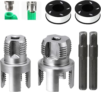 Pipe Threading Tool for Internal & External PVC/PPR/MPP Pipes, 2-in-1 Dual Head 1/2" & 3/4" NPT Die with Hex Shank for Power Drill, Inside Pipe Cutter Included 2-Piece Set