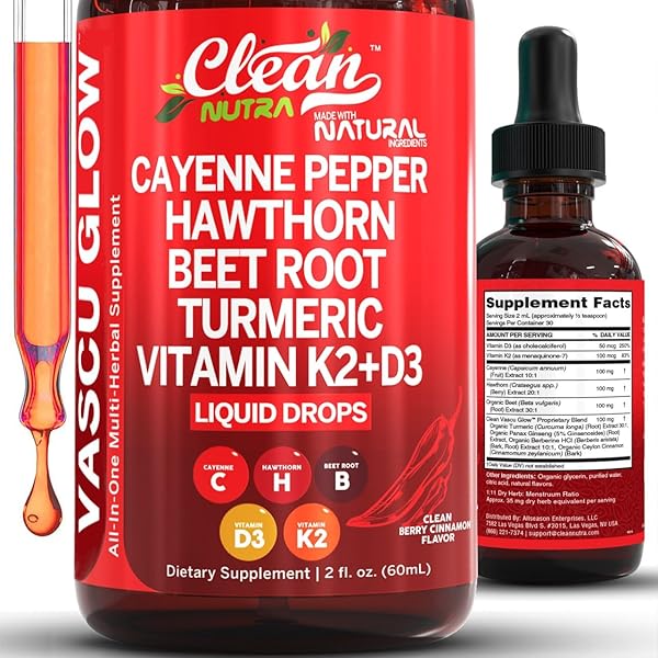 Clean Nutra Cayenne Pepper Drops Supplement Liquid + Hawthorn Berry, Vitamin D3 K2 Beet Root Powder, Ceylon Cinnamon, Turmeric Curcumin, Organic Panax Ginseng, Berberine Extract 1 Pack