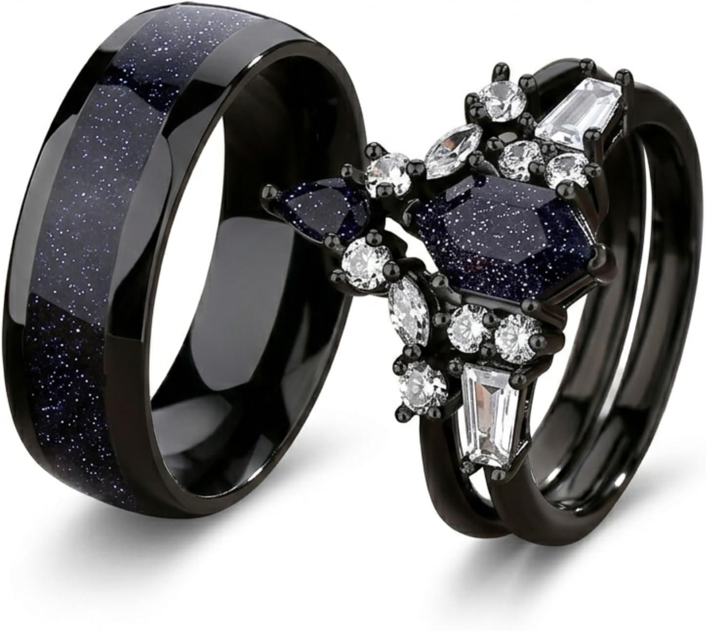Blue Sandstone Wedding Ring Set for Couples, Galaxy Personalized Engraved Promise Rings, Black Stainless Steel with Shield Cut Stone, 2 Pieces