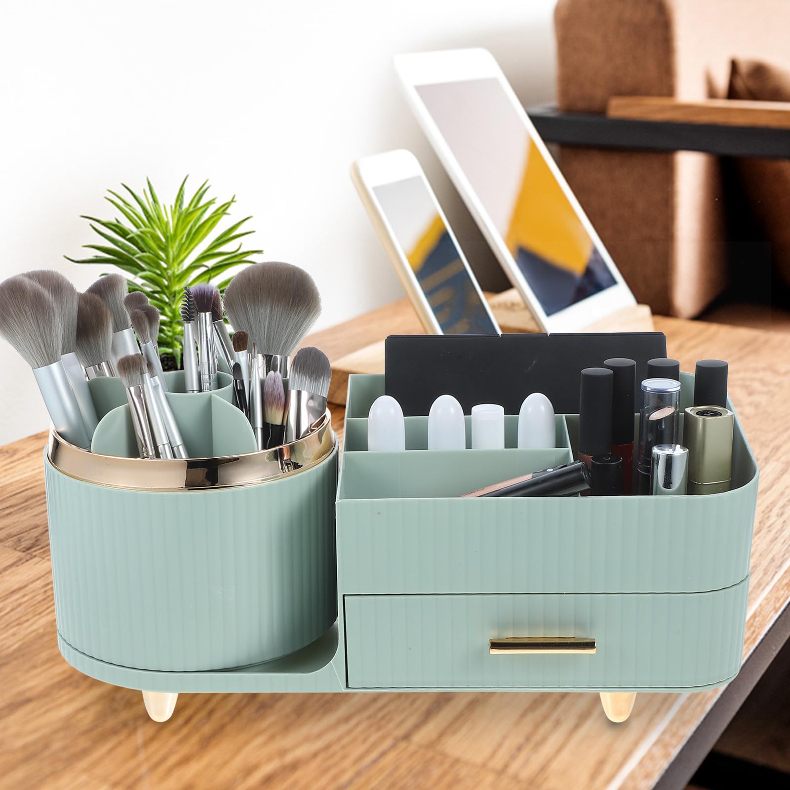 Porta Pennelli Make Up Rotante da Tavolo, Organizer Trucchi Grande Capacità, Pet, Verde Chiaro, per Desktop e Dressing Room