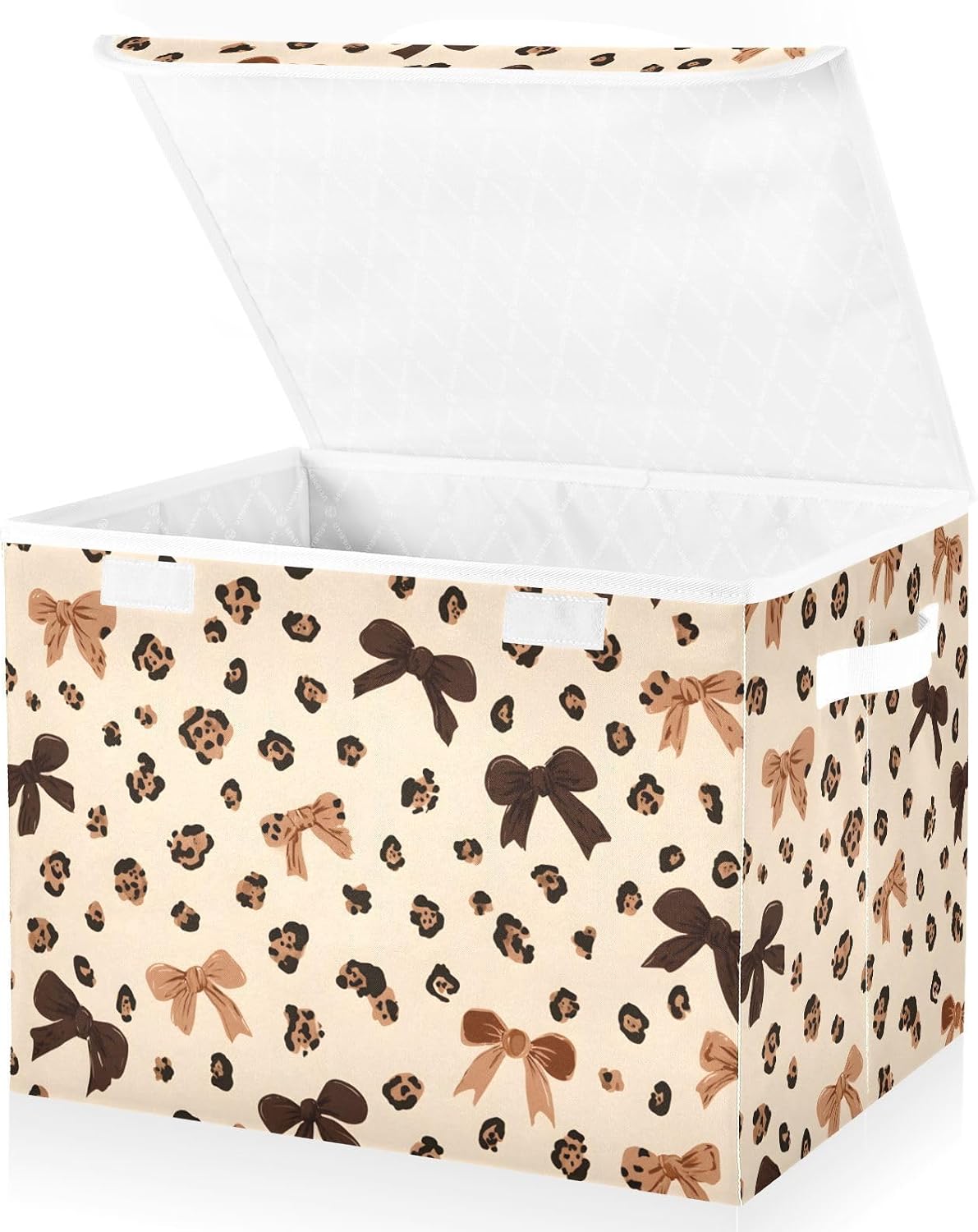 Storage Bin with Lid Brown Leopard Print Bow Storage Box Basket Large Collapsible Containers Organizer Cube Bedroom Shelves Clothes Closet Handles