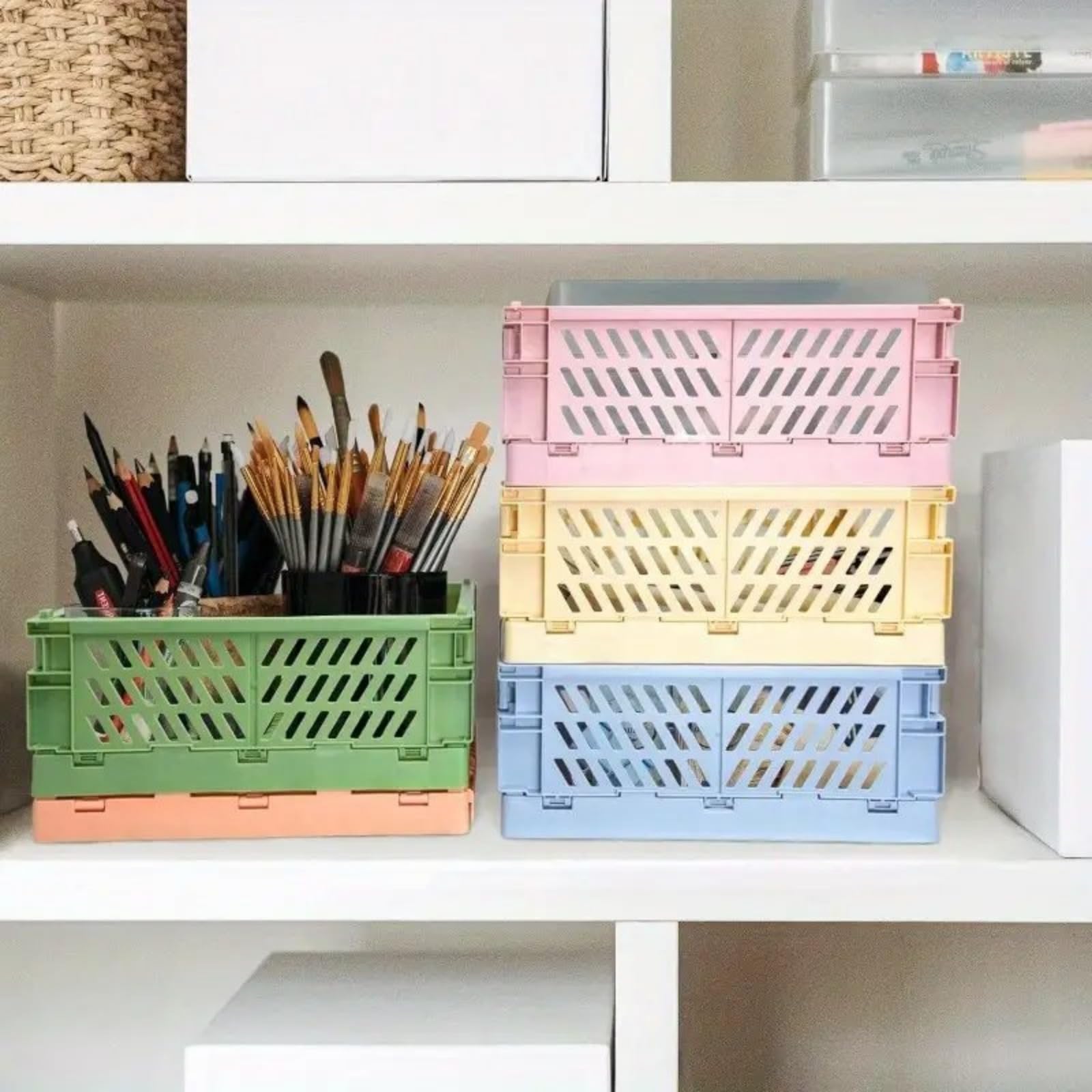 2 Packs Folding Pastel Crates For Storage, Plastic Folding Baskets, S Size, Cute Colorful Organizing Crates - GREEN
