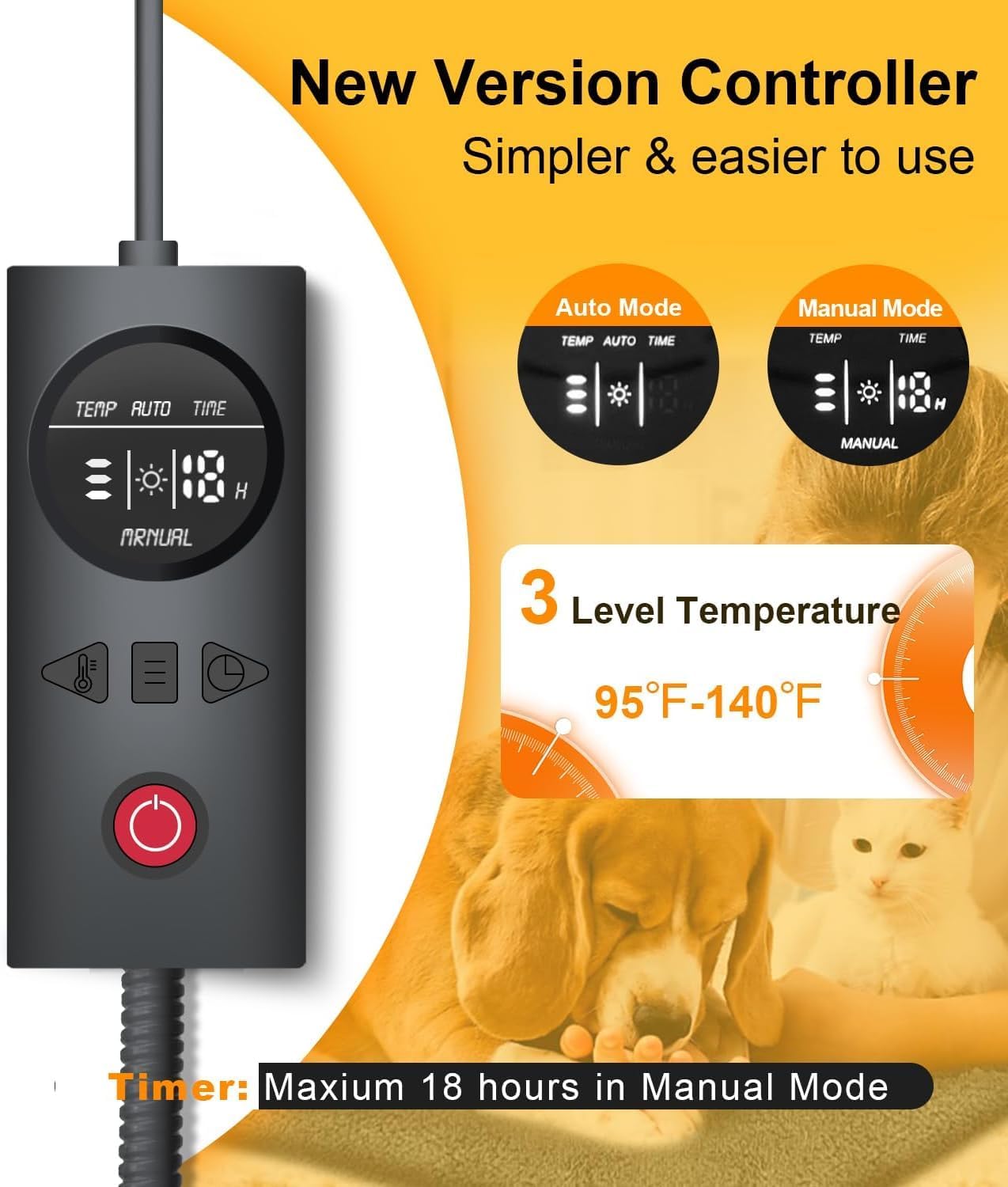 uncn Dog Cat Heating Pad Pressure Activated 19.5 X 29 Pet Heat Pack Automatic Electric Heated Bed Mat for Indoor Warming Pad Chew Resistant Cord, Adjustable Temperature Waterproof Washable (Large-1)