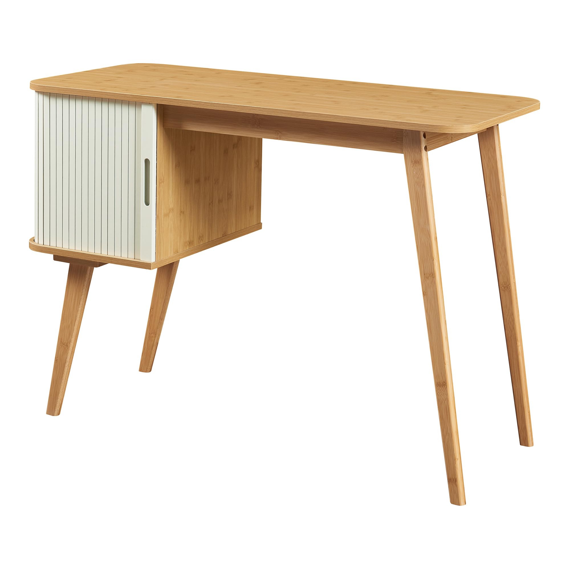 [en.casa] Escritorio Pequeño Tysvær con Compartimento con Puerta Corredera Mesa de Escritorio para Oficina Despacho Estudio MDF Bambú 75 x 105 x 48 cm - Natural/Blanco Crema
