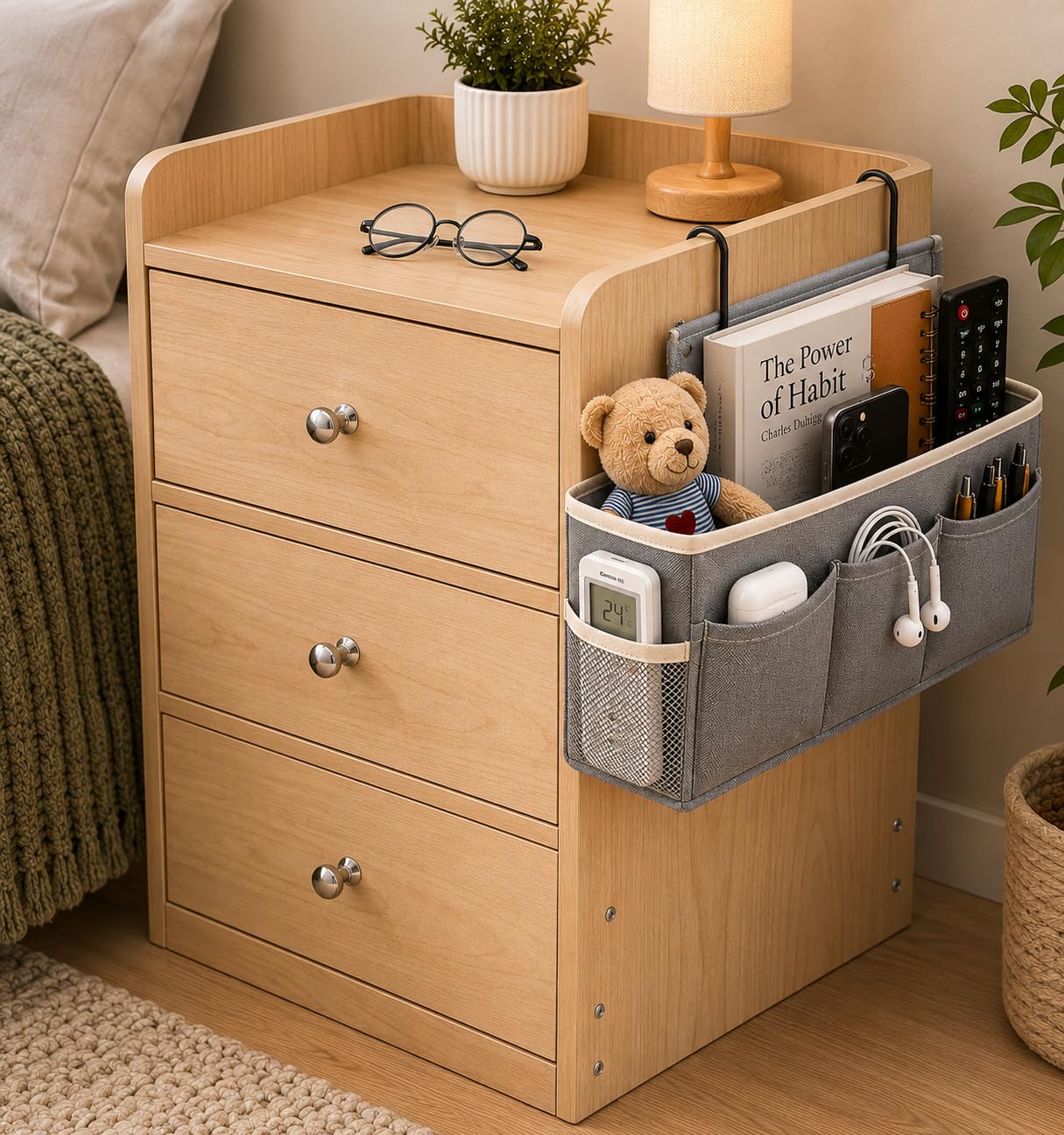 kawachi woodit modern 3 drawer bedside table and bedside caddy | corner side table, books & remote storage, mobile organiser, hanging basket included, bunk bed & crib use