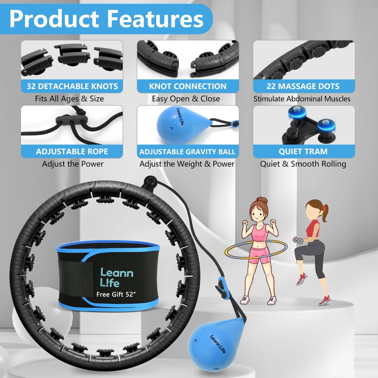 U1-32 Knoten, 45,7 - 165,1 cm, Magnetverschluss, intelligenter gewichteter Hula-Hoop-Reifen für Erwachsene, Gewichtsverlust, Infinity-Reifen, Übergröße, Fitnessübung, Bauchtrainer, 5