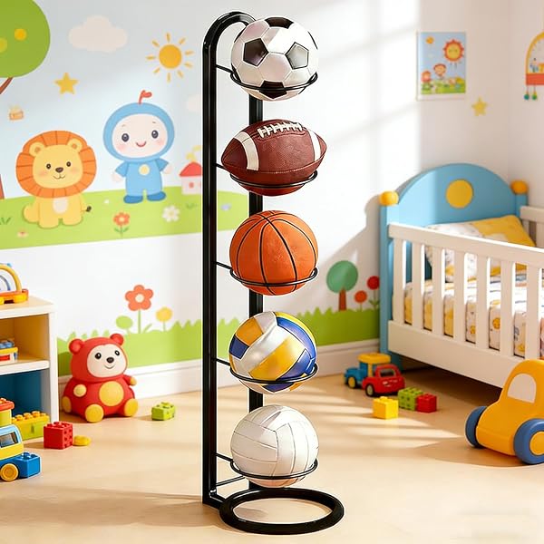 Support mural pour ballon de football à 5 niveaux, amovible, support vertical pour balles, organisateur d'équipements de sport pour ballons, support mural pour basket-ball, football, volley-ball et - 5
