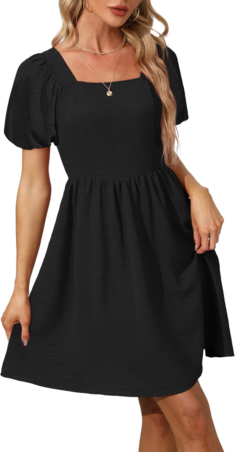 OFEEFAN Women Puff Sleeve Square Neck Tie in Back Dresses with Zipper - Image 3