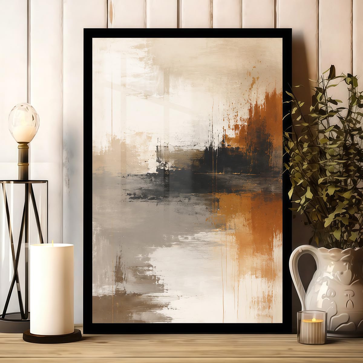 Jianghu Art Tableau abstrait moderne encadré beige et noir, cadre vertical adapté au salon (70 x 110 cm (28 x 43 pouces)