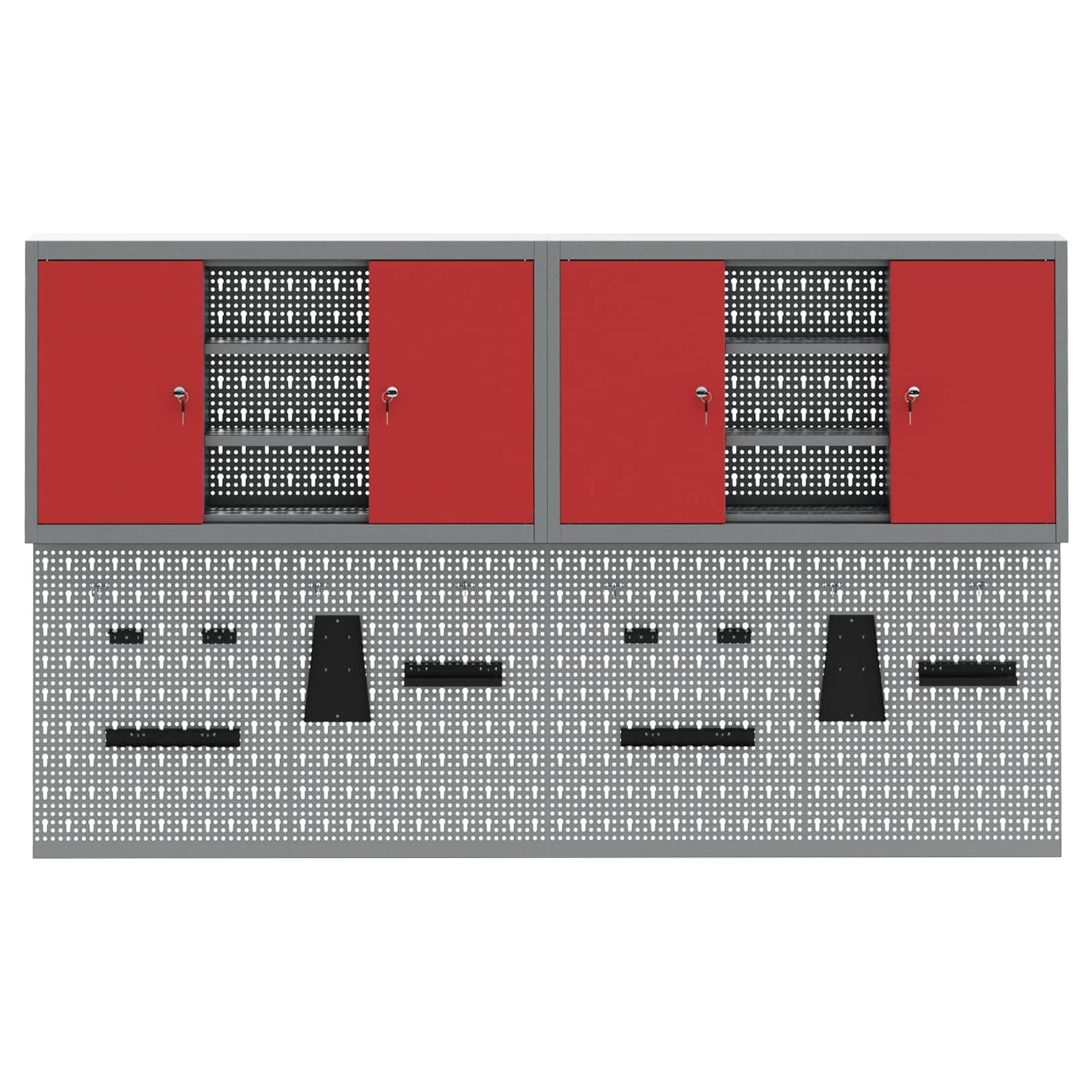 Szafa narzędziowa zestaw 6 szt. czerwonych ze stali malowanej proszkowo, montowana na ścianie, z płytkami perforowanymi i metalowymi półkami, 200 x 20 x 115 cm, do warsztatu, garażu i