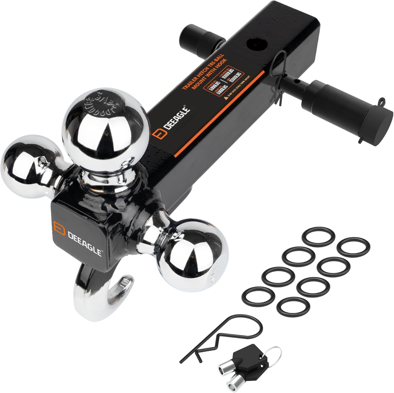 DEEAGLE 3 Ball Hitch with Hook, Tri Ball Hitch with 3.5” Hitch Pin Lock, 1-7/8", 2" and 2-5/16" Ball, Fit 2” Hitch Receiver, Heavy Duty Trailer Hitch, Include Pin Lock