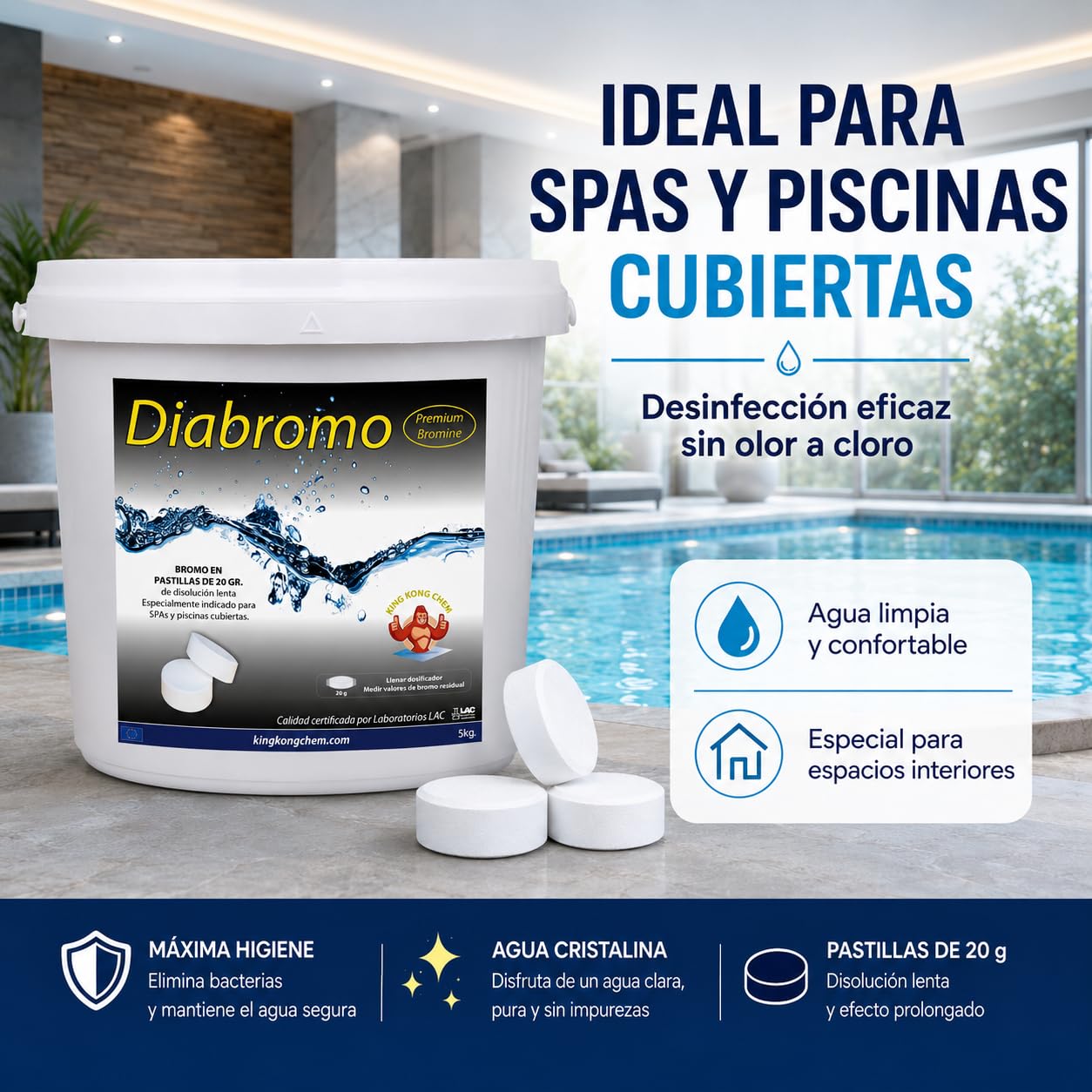 Diabromo 5 kg - Bromo Desinfectante para SPA y Piscinas Cubiertas - Pastillas de 20 Gramos