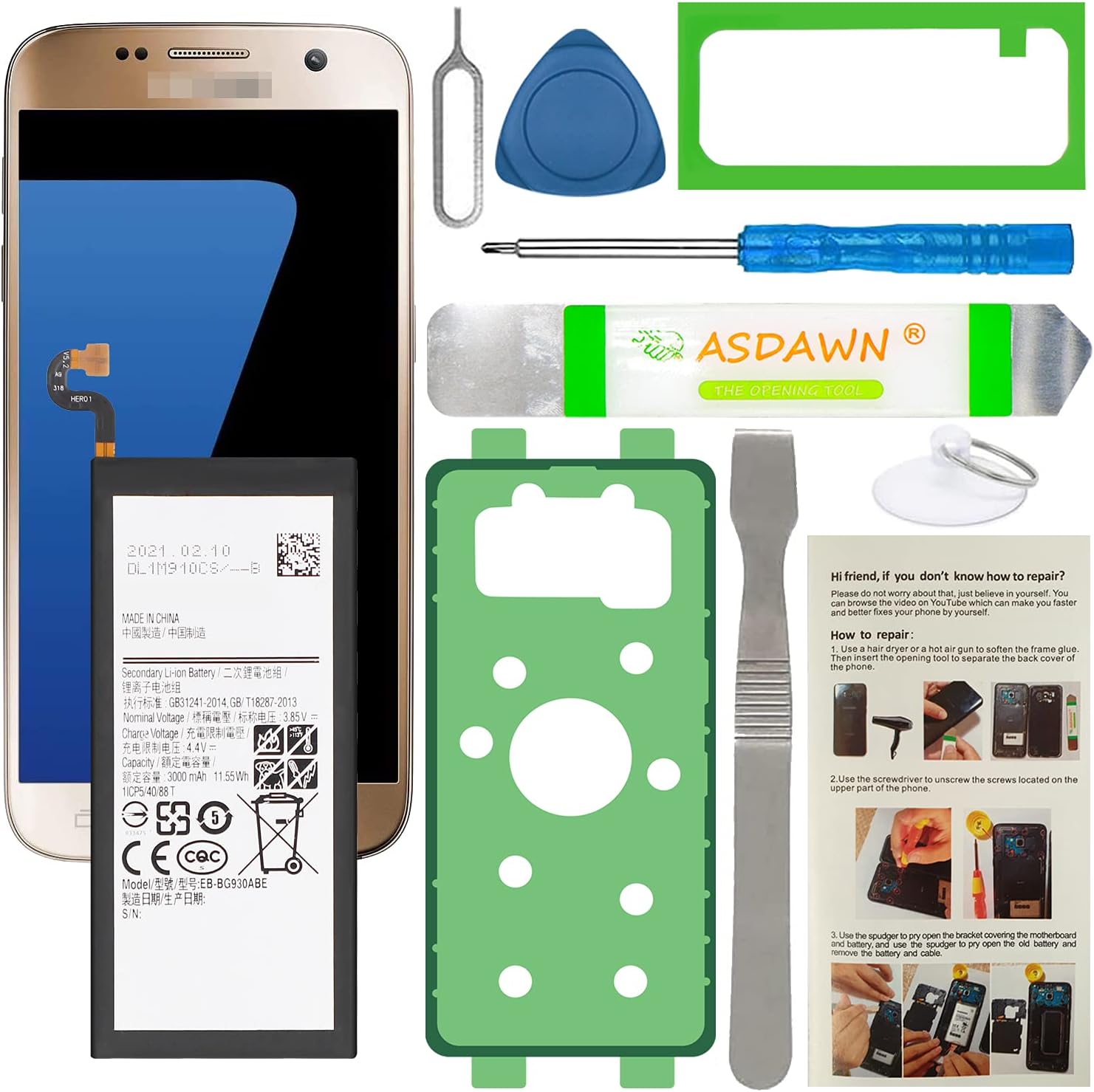 Galaxy S7 Battery Replacement, EB-BG930ABE Battery for Samsung Galaxy S7 SM-G930 G930A/T/P/V, with Installation Instruction(Back Glass not Included)