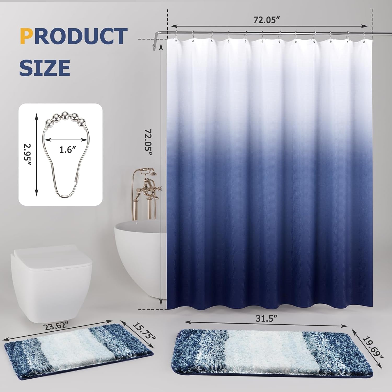 15 Pcs Shower Curtain Set Navy Blue Bathroom Sets with Shower Curtain and Rugs Ombre Waterproof Thicken Waffle Shower Curtain with 2 Piece Non-Slip Luxury Bathroom Rugs and 12 Hooks for Bathroom Decor