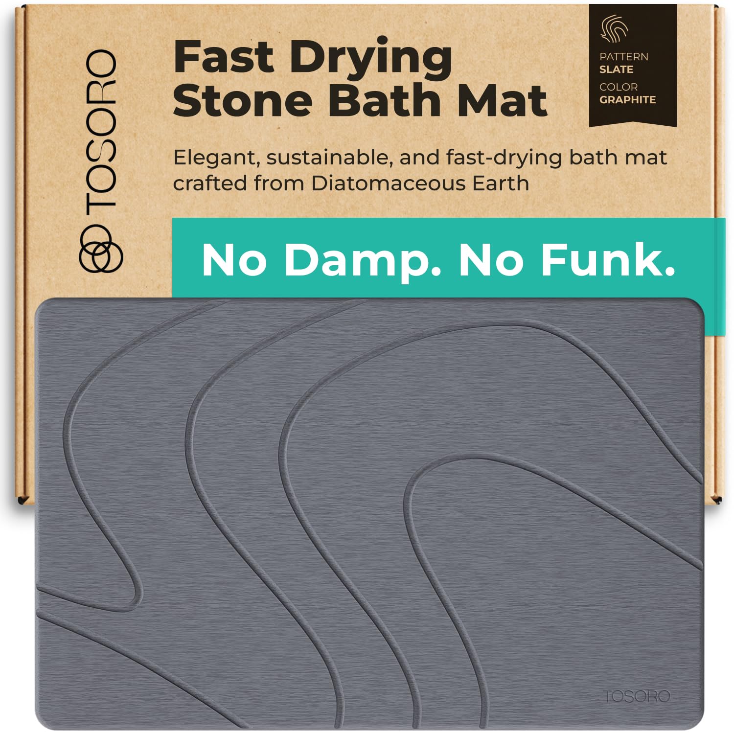 TOSORO, Alfombra de baño o ducha de piedra antideslizante de tierra de diatomeas, tapetes de baño absorbentes de secado rápido, diseño elegante y moderno, fácil de limpiar, 60 x 38 cm, Grafito
