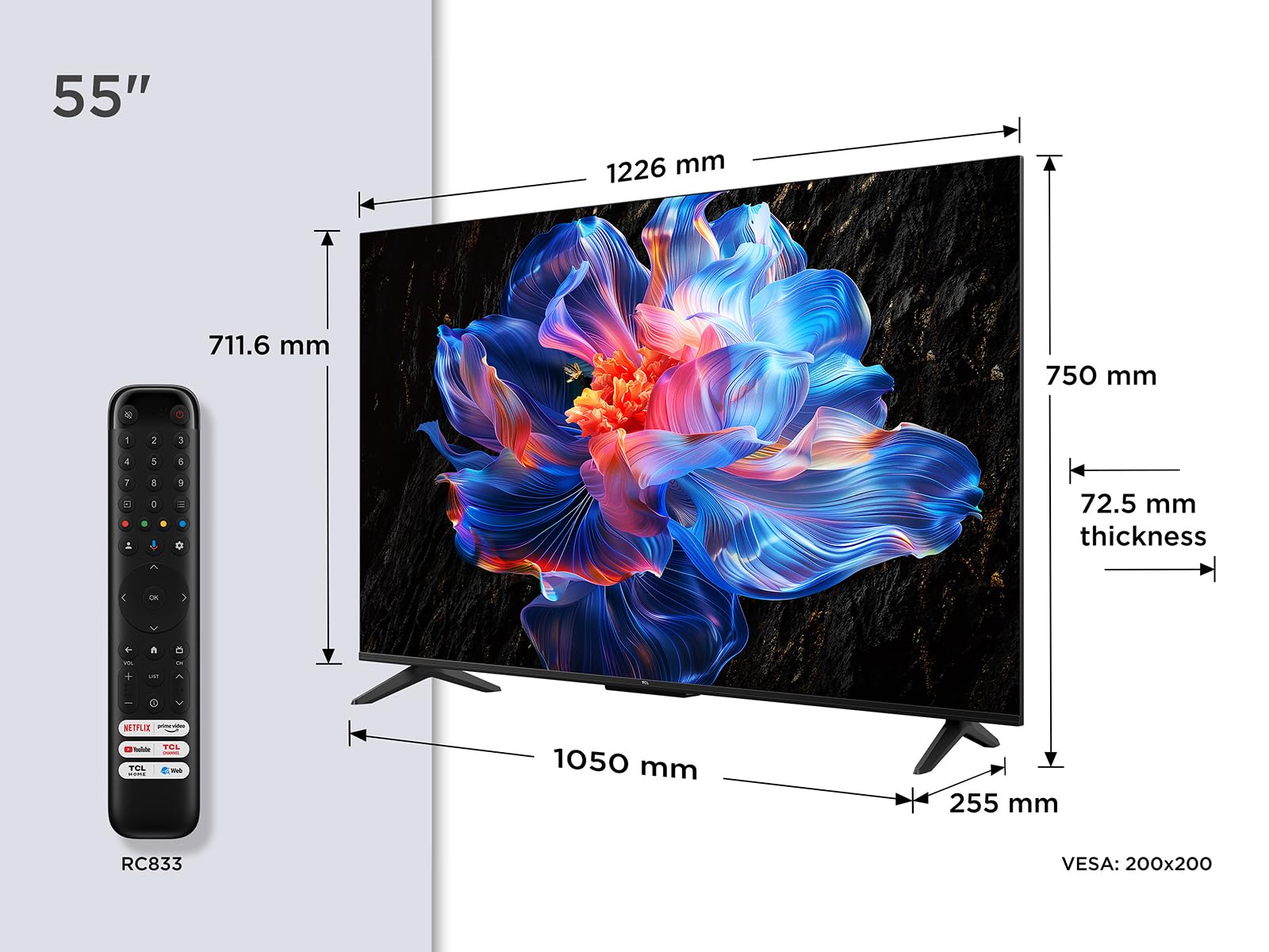 TCL 55V6C Televisor 55 Pulgadas 4K Smart TV LED, HDR, Google TV, Dolby Audio, Alexa y Google Assistant, Chromecast Built-in, Motion Clarity