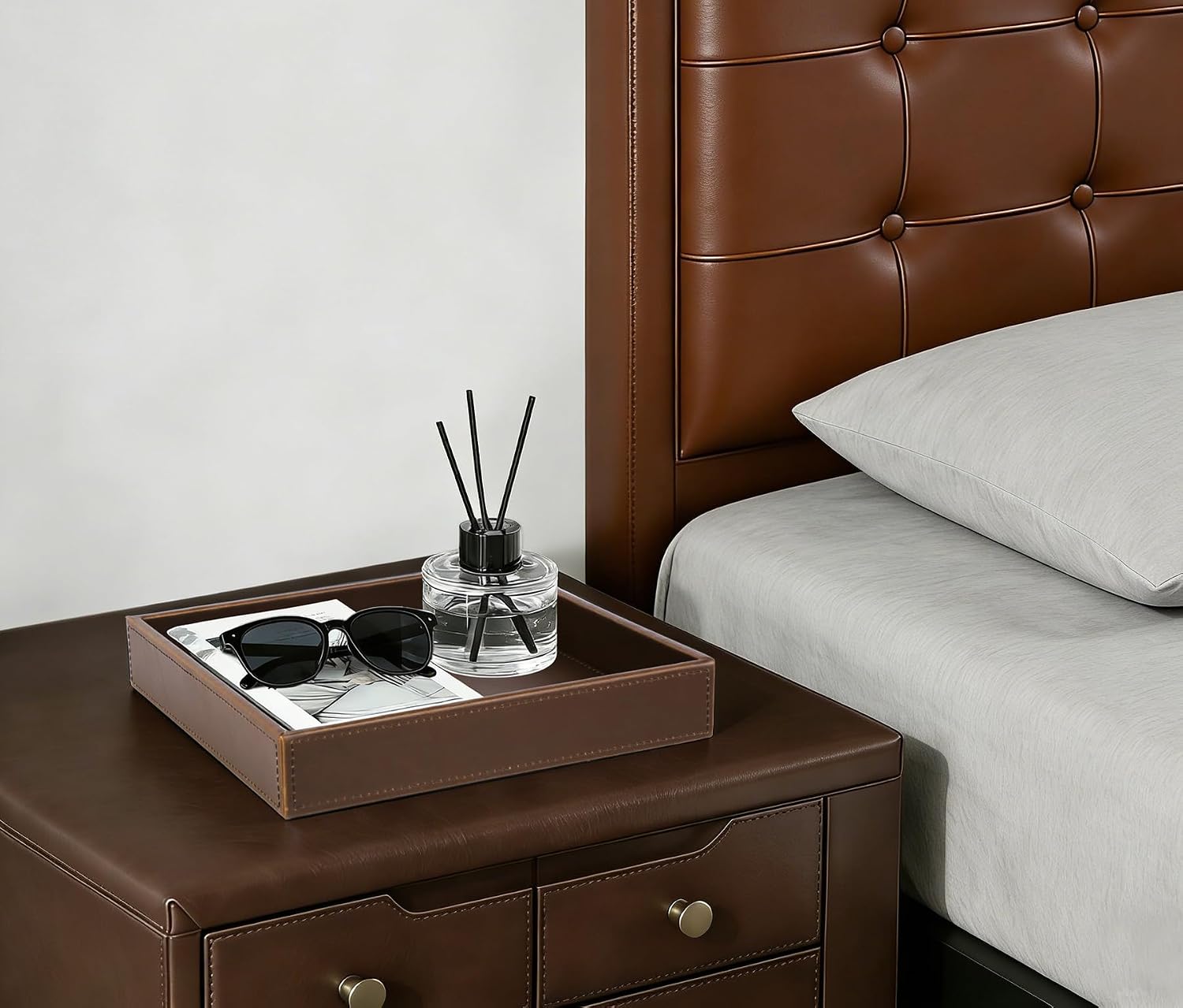 HofferRuffer Faux Leather Vanity Tray, Elegant Desktop Storage Organizer, Decorative Catchall for Perfume, Bathroom Valet, Nightstand or Dresser, 10 x 10 x 1.8 inches (Brown) image 4