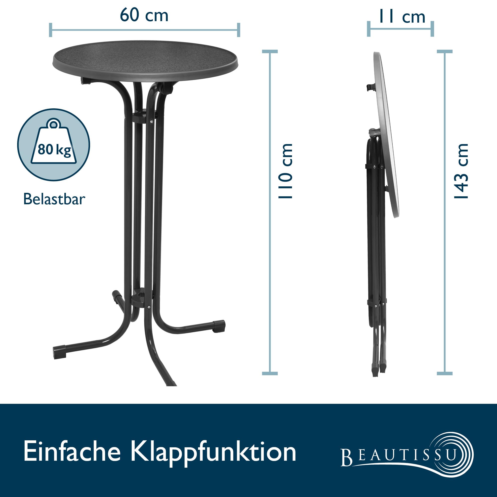 Beautissu Grauer Stehtisch klappbar 60 cm mit Premium Stehtischhusse Anthrazit & Schleifenband – Wetterbeständig Outdoor Bistrotisch rund Kratzfest UV-beständig – Husse rutschfest waschbar – Bellini