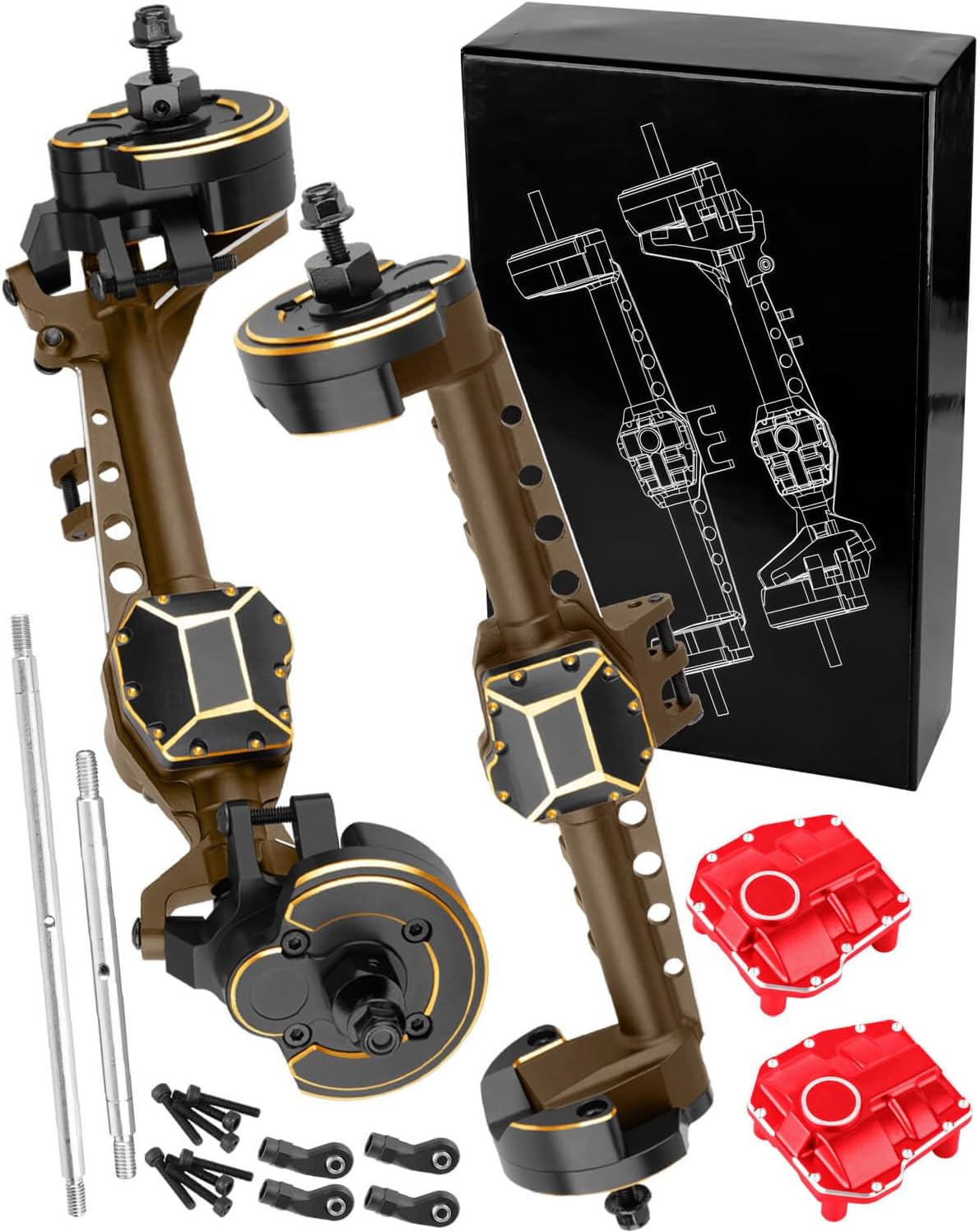 RC Upgrades Part for 1/10 Axia1 SCX10 III RC Crawler Car,Aluminum Front Rear Portal Axles,Brass Front Inner Portal Covers Steering Knuckles/Axle Diff Cover/Portal Covers Weights,Brown