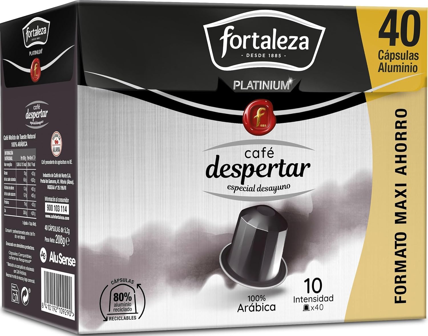 Café Fortaleza Platinium, Cápsulas Compatibles con Nespresso, de Aluminio, Sabor Despertar, Especial Desayuno, 100% Arábica, Tueste Natural, Pack 4x40 - Total 160 uds