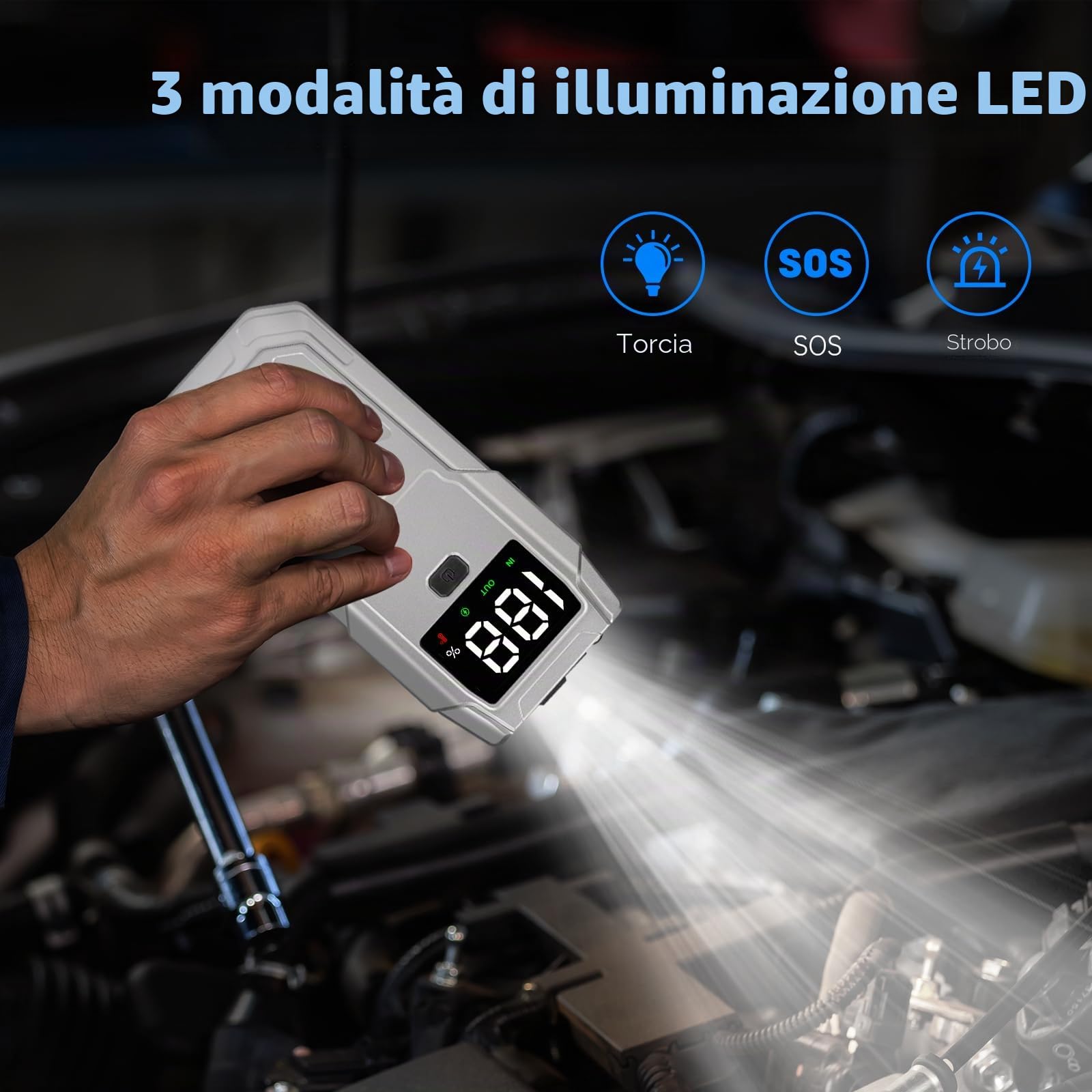 Avviatore di Emergenza 5000A Booster Portatile per Auto Moto con Display LCD Power Bank da 12V per Batteria Scarica Ricarica USB Fino a 9.5L Benzina o 8.0L Diesel