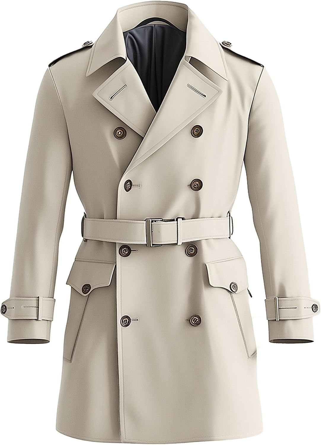 Mens Trench Double-Breasted Coat Knee Length Storm Flap White Lapel Collar Multipockets Water Resistant Jackets