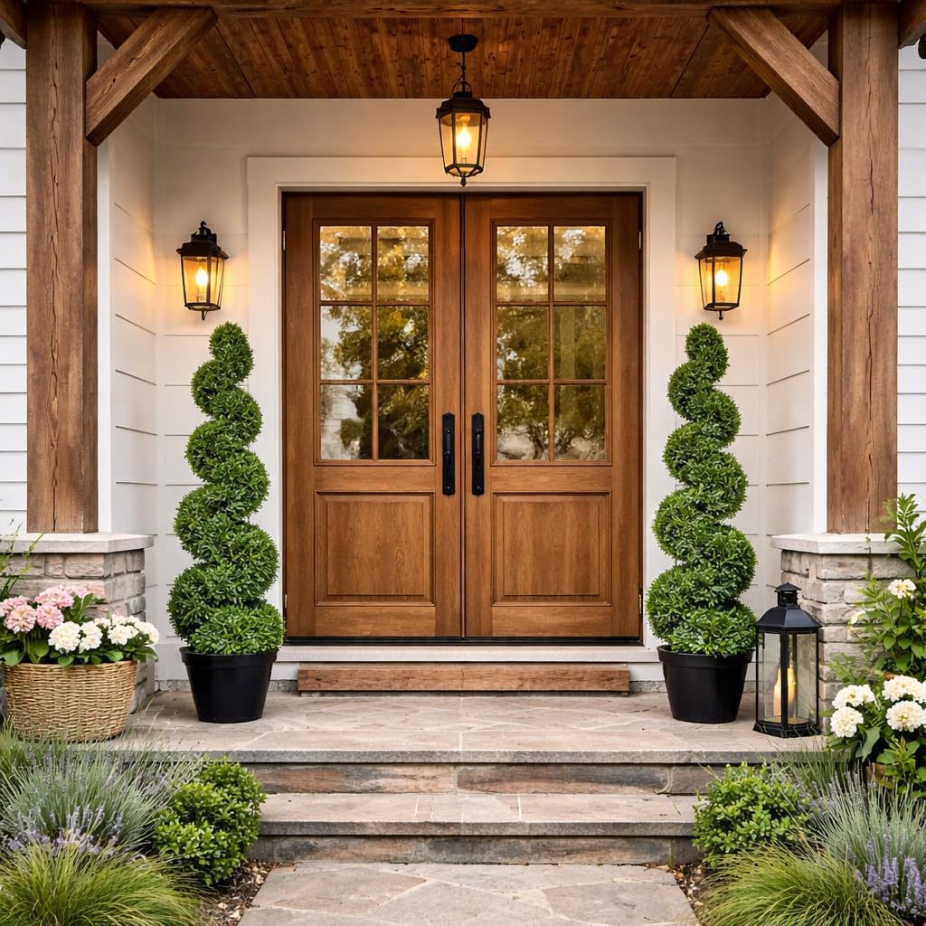 4ft Artificial Boxwood Spiral Tree Set (2 Pcs), Artificial Plants Outdoor with Weighted Pot, Boxwood Topiary for Outdoor & Indoor Decoration, Outdoor Artificial Plants, Artificial Trees